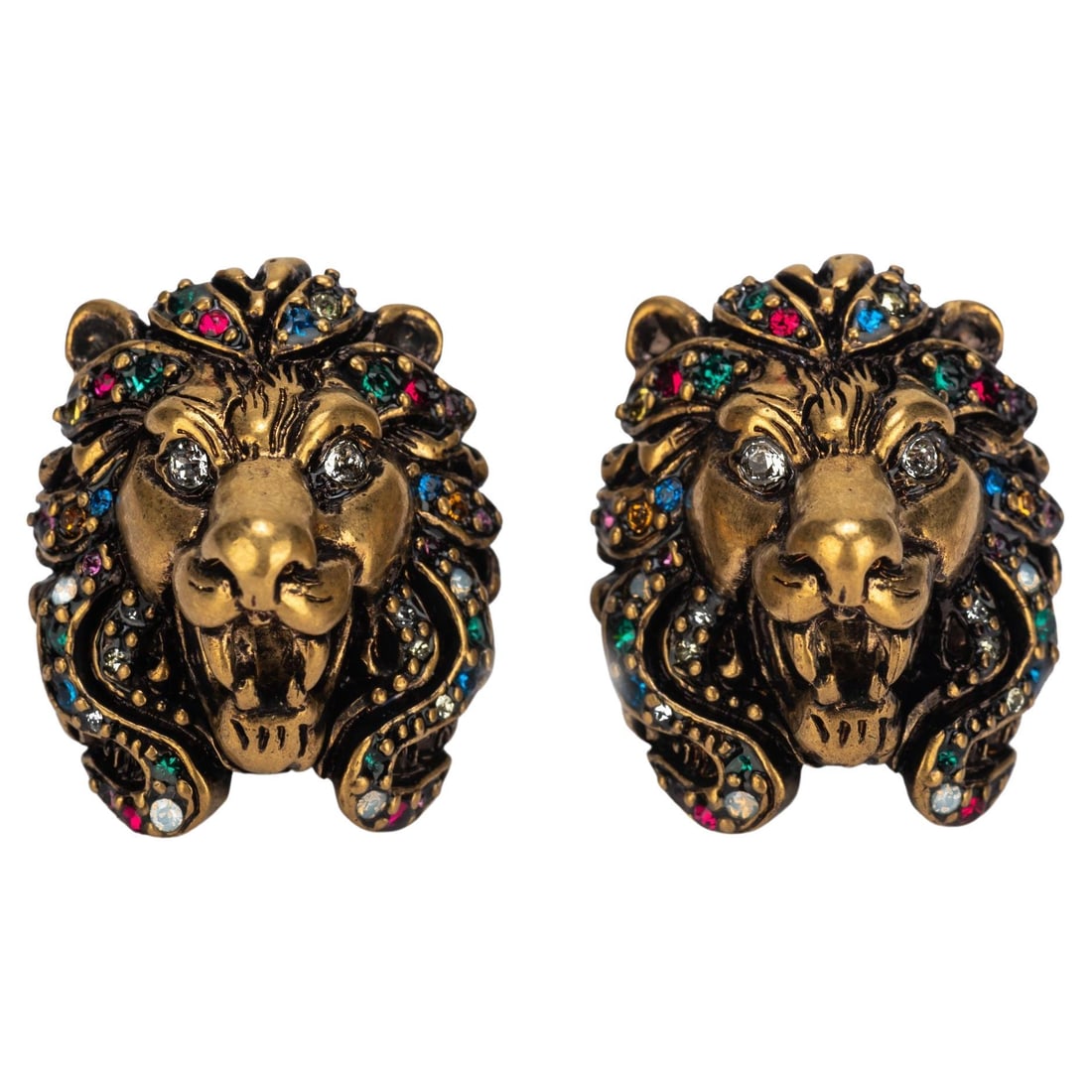 Gucci Lionshead Clip Earrings Multicolor Rhinestones NIB Italy: Gucci Lionshead Clip Earrings Multicolor Rhinestones NIB Italy Introducing the stunning Gucci Multicolor Lionshead Earrings, a perfect blend of luxury and artistry. Crafted in Italy, these earrings fe