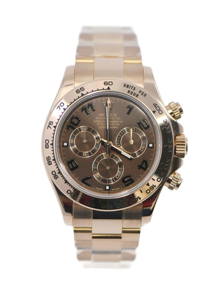 Rolex 116505 Daytona rose gold chronograph wristwatch with box papers: Rolex 116505 Daytona rose gold chronograph wristwatch with box papers Pre-owned Rolex Daytona wristwatch in 18K rose gold with a polished round case, brown analog dial, and automatic chronograph movem