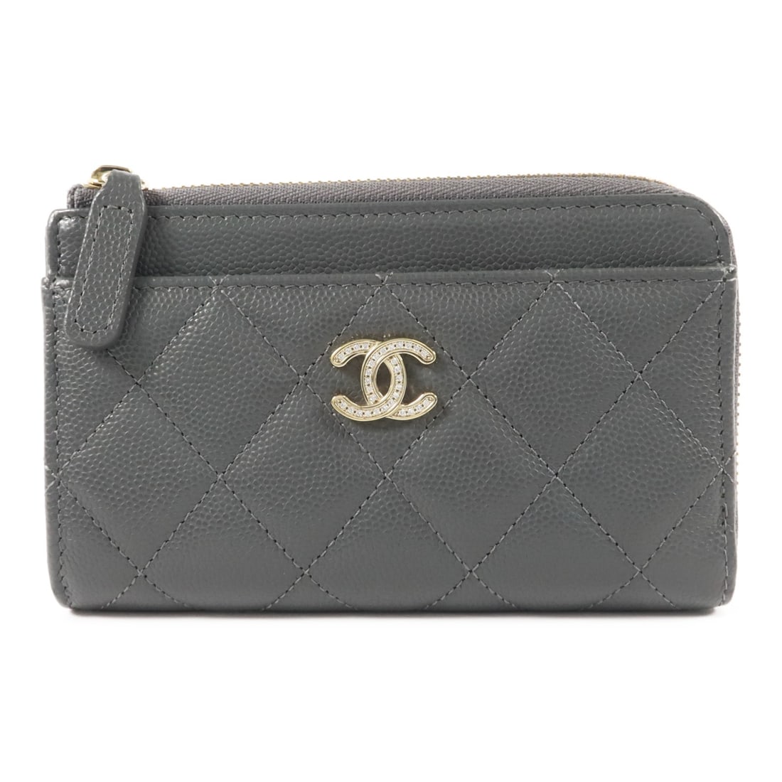 CHANEL AP4822 L Shaped Zipper Wallet Gray Calfskin CC Logo: CHANEL AP4822 L Shaped Zipper Wallet Gray Calfskin CC Logo This CHANEL L-shaped zipper wallet is crafted from calfskin (cowhide) leather in gray. It features CC logo hardware with gold hardware finish