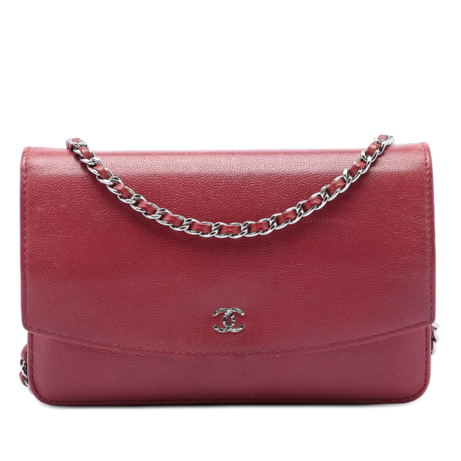 Red Chanel Caviar Leather Sevruga Chain Wallet with Flap Closure: Red Chanel Caviar Leather Sevruga Chain Wallet with Flap Closure This Chanel CC Caviar Sevruga Wallet On Chain is crafted from caviar leather in red and features a leather-woven chain strap, a flap wi