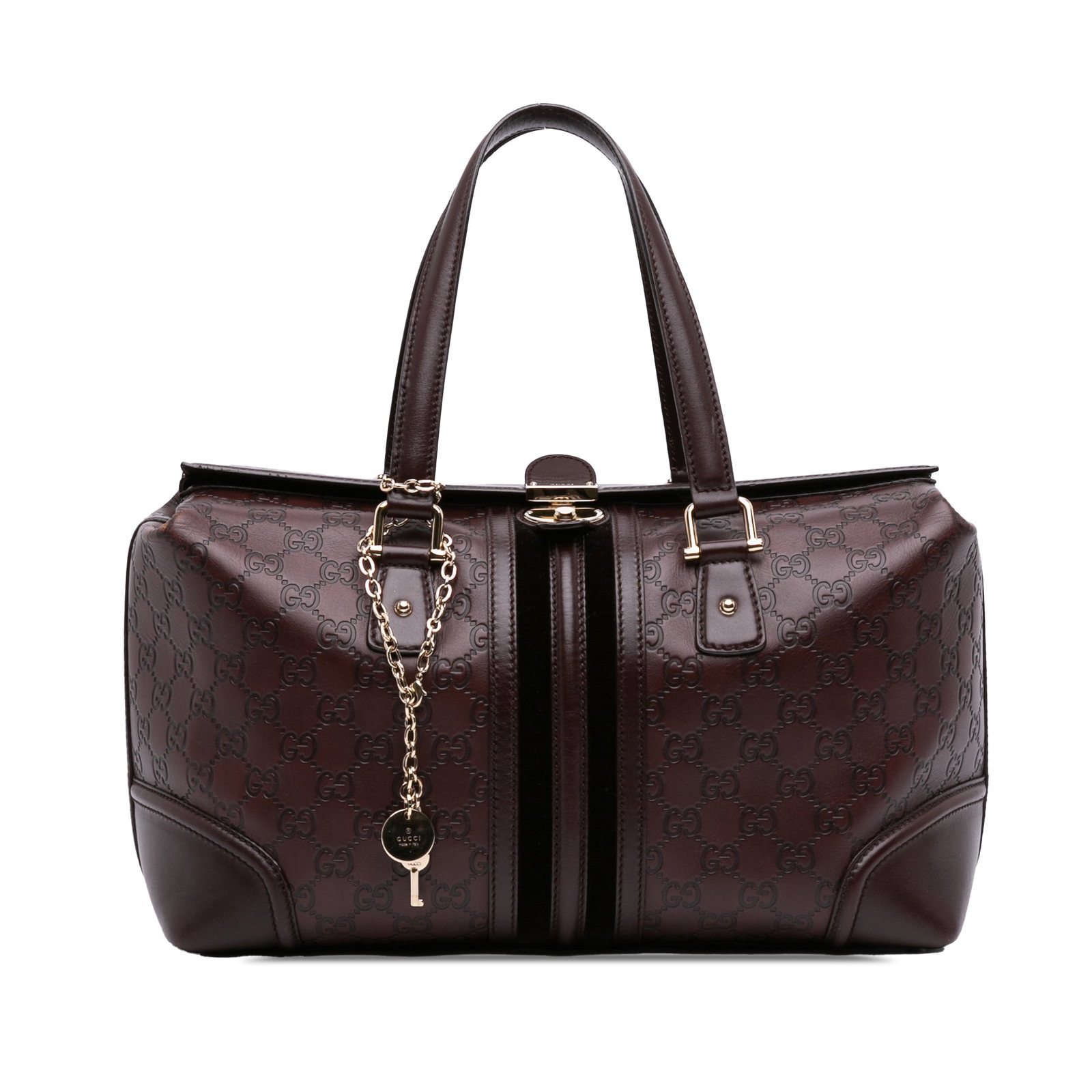 Gucci Guccissima Treasure Boston Leather Handbag Brown: Gucci Guccissima Treasure Boston Leather Handbag Brown This Gucci Guccissima Treasure Boston Bag is crafted in embossed leather with flat leather handles and a top flap with push lock closure. It incl