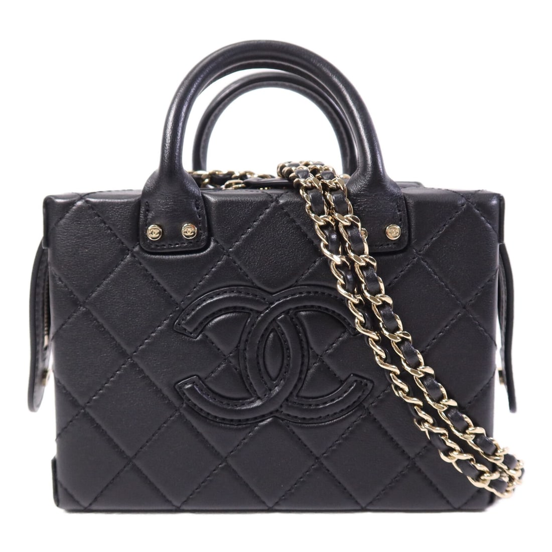 CHANEL CC Vanity Case Black Calfskin 2 Way Shoulder Bag: CHANEL CC Vanity Case Black Calfskin 2 Way Shoulder Bag CHANEL 2-way shoulder bag vanity case in black calfskin (cowhide) leather with gold-tone hardware. It features a black frame color, an interior 