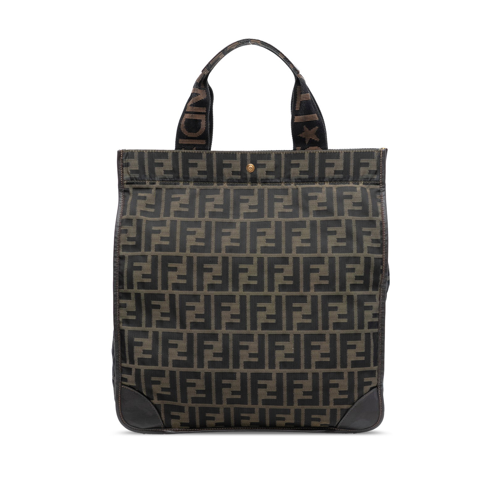 Canvas Tote with Leather Trim by Fendi Zucca: Canvas Tote with Leather Trim by Fendi Zucca This Fendi Zucca Canvas Shopping Tote features a signature canvas body with leather trim, flat canvas handles, and an open top with button closure. The bag