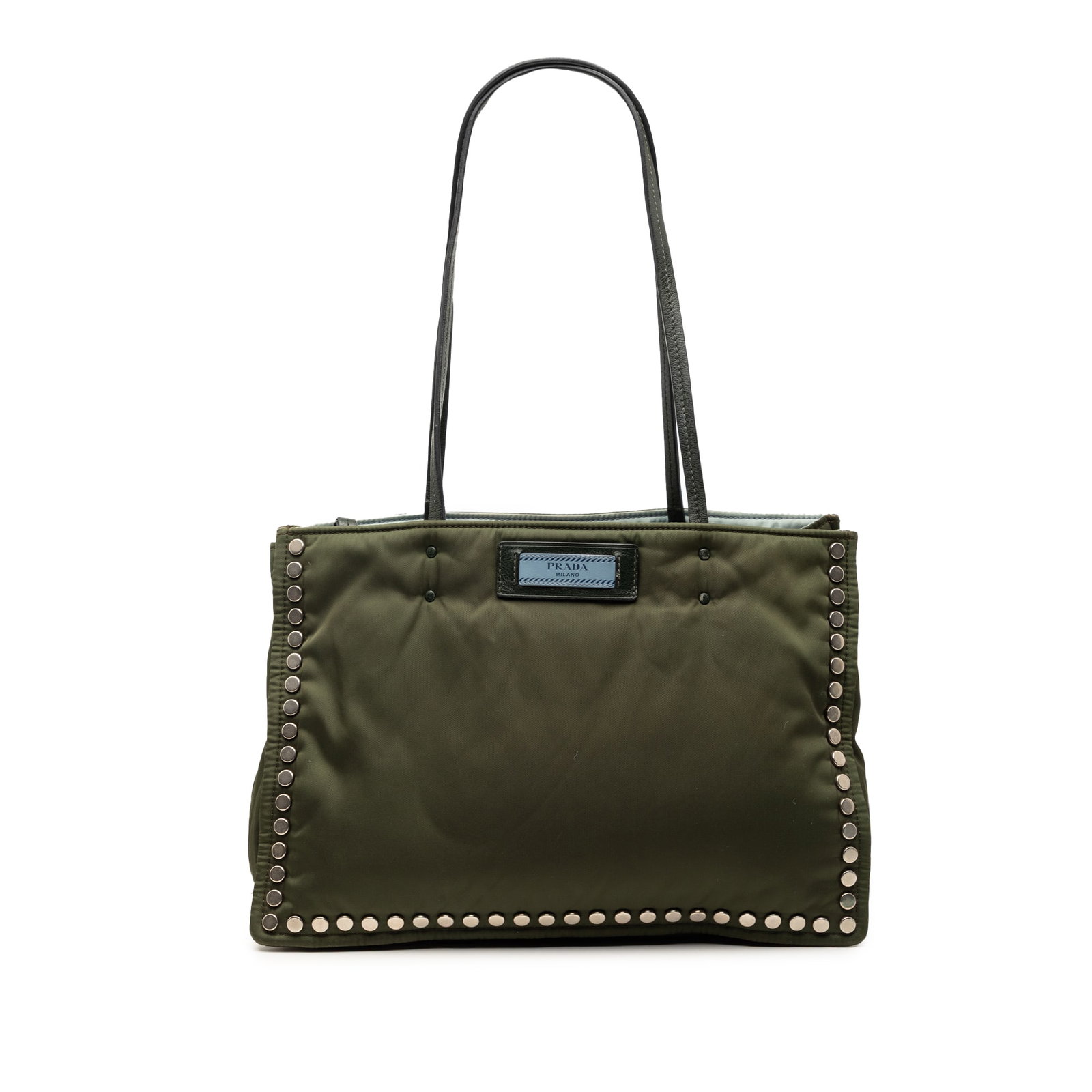 Prada nylon studded Etiquette tote bag: Prada nylon studded Etiquette tote bag This Prada Tessuto Studded Etiquette Tote features a brown nylon body with distinctive stud detailing and flat leather straps. The open top design provides easy 