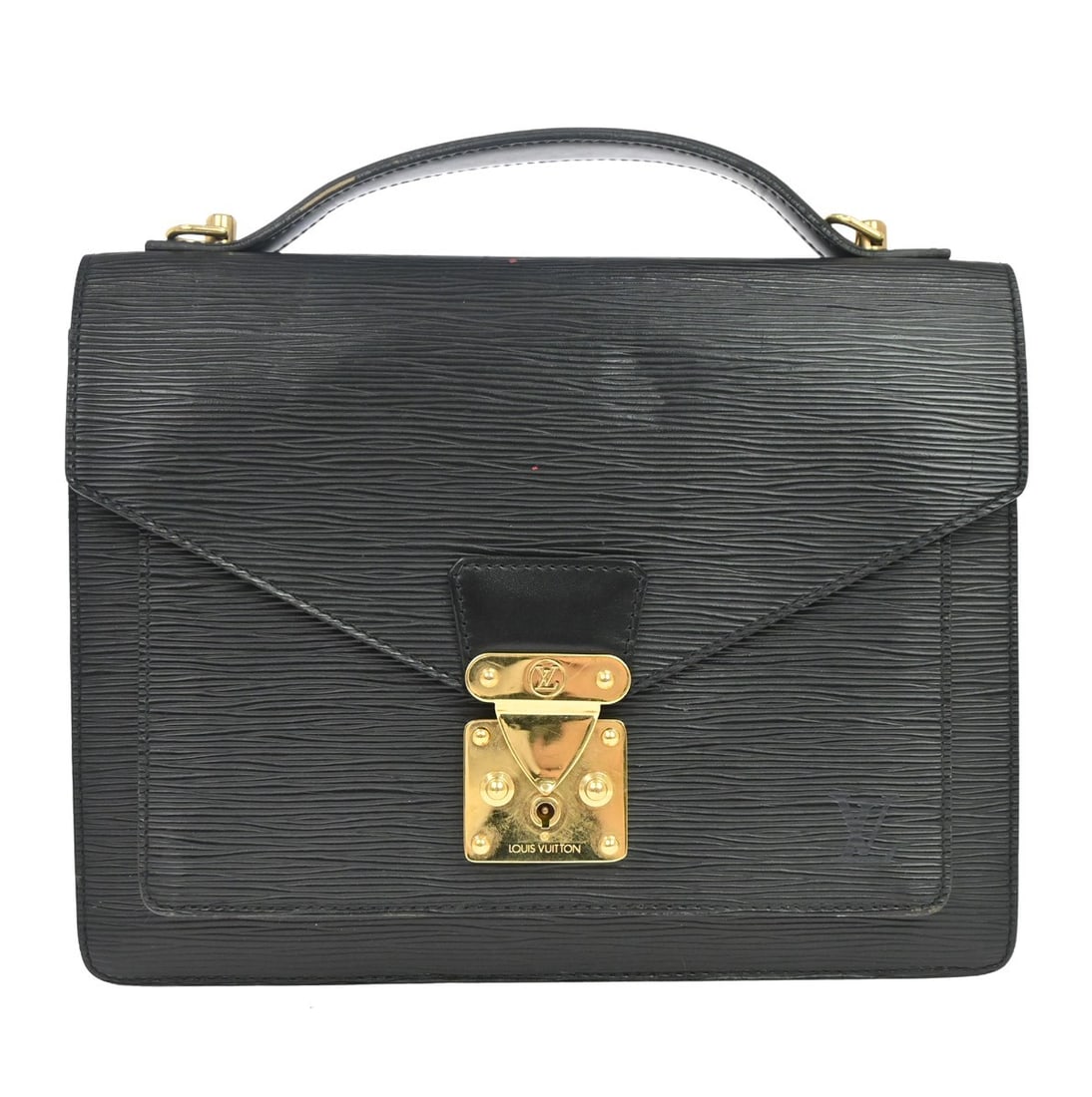 Louis Vuitton Monceau 28 Epi Leather Satchel Black M52122: Louis Vuitton Monceau 28 Epi Leather Satchel Black M52122 Vintage Louis Vuitton Monceau 28 satchel in black Epi leather with a flap lock closure, double handles, and interior pockets. This medium 2-wa