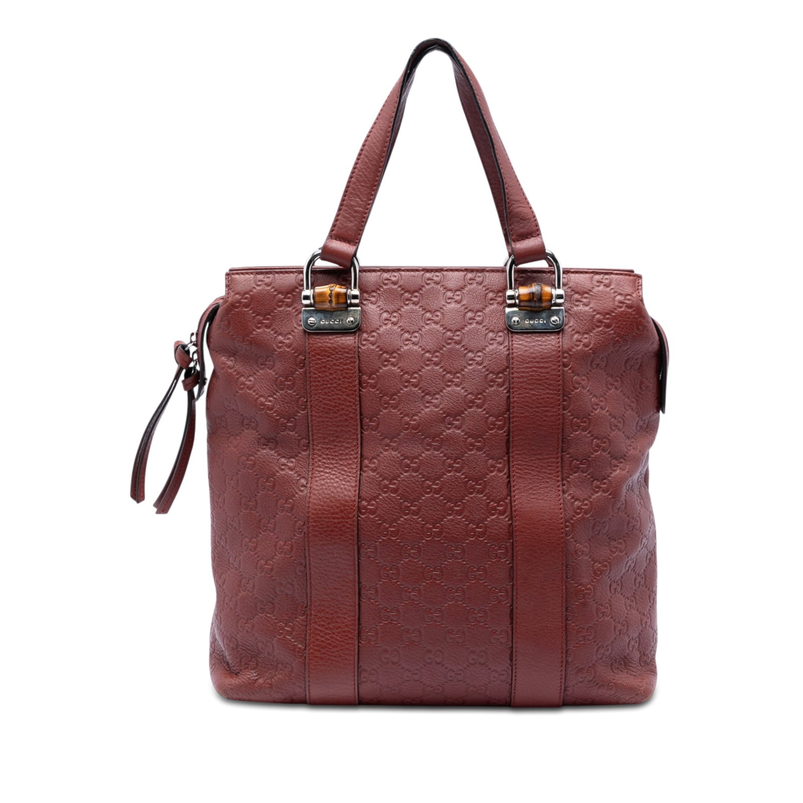 Gucci Guccissima Bamboo Bar leather tote bag: Gucci Guccissima Bamboo Bar leather tote bag This Guccissima Tender Bamboo Bar Tote is crafted from leather and features flat leather handles with distinctive bamboo accents. The bag includes a top zi