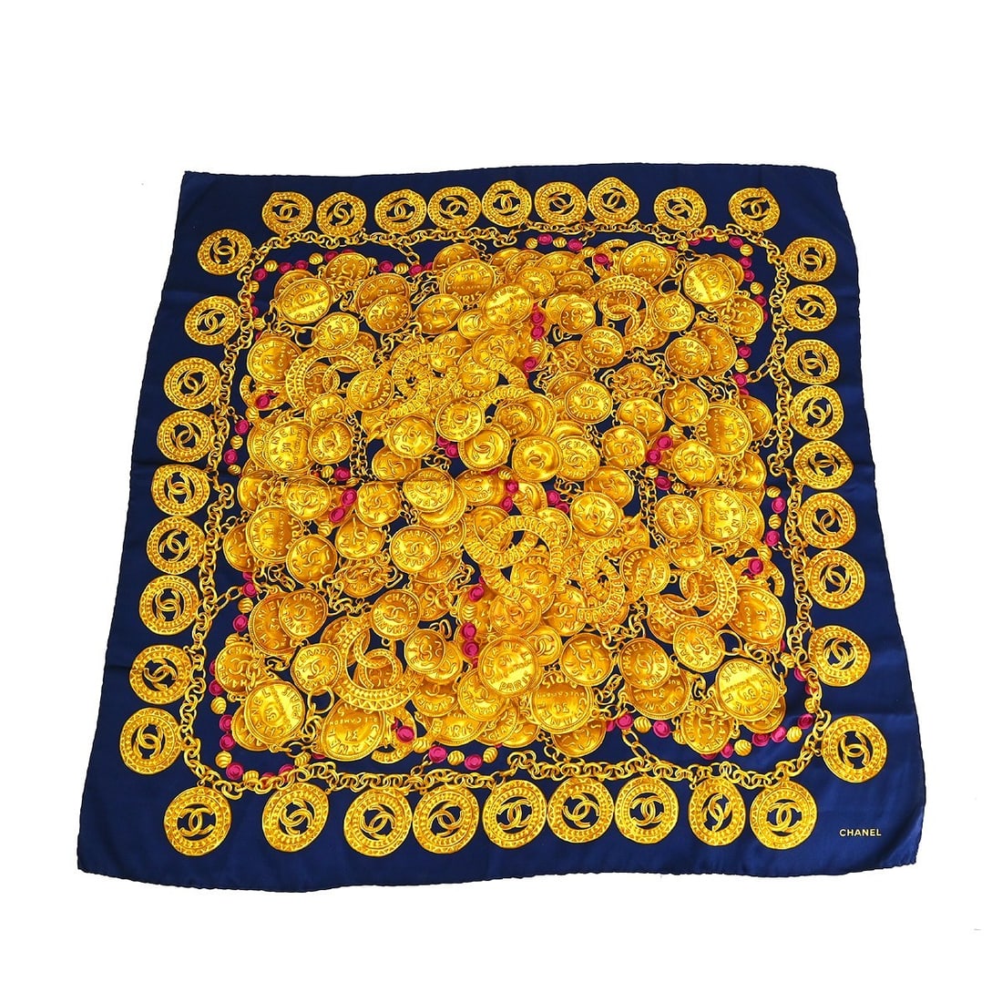 CHANEL Women's Navy Blue Scarf 37.0 x 36.6: CHANEL Women's Navy Blue Scarf 37.0 x 36.6 Chanel women's scarf in navy blue with gold accents. This pre-owned scarf shows reasonable wear and tear, and the tag is missing. No accessories are included