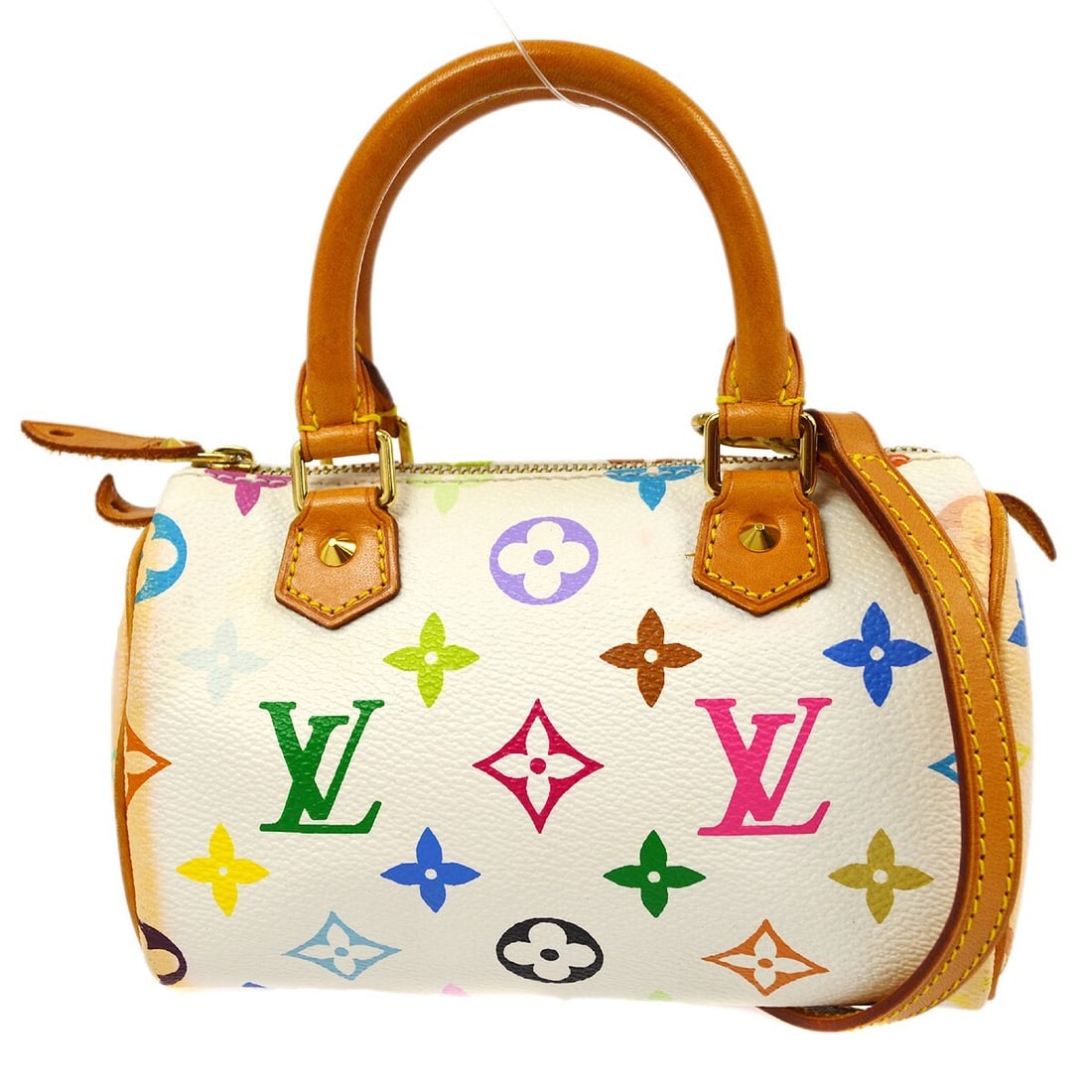 Louis Vuitton Mini Speedy White Monogram Multicolor Handbag M92645: Louis Vuitton Mini Speedy White Monogram Multicolor Handbag M92645 Louis Vuitton Mini Speedy handbag in white Monogram Multicolor canvas with leather trim. This small handbag features double handles, 