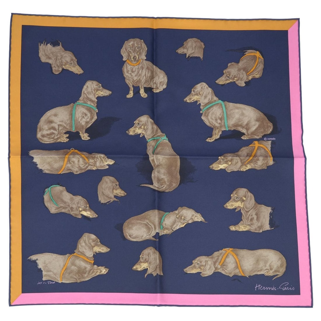 Hermes Les Bassets Blue Silk Scarf Boxed: Hermes Les Bassets Blue Silk Scarf Boxed This Hermes "Les Bassets" scarf features a design by renowned animal artist Xavier de Poret. Crafted in France from 100% silk, it showcases a blue colorway and