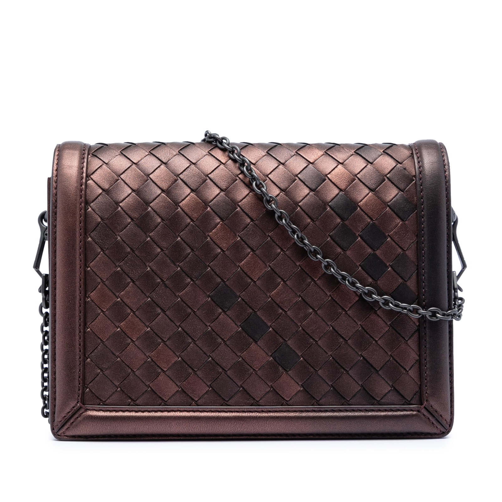 Bottega Veneta Montebello woven leather crossbody bag: Bottega Veneta Montebello woven leather crossbody bag This Bottega Veneta Nappa Intrecciato Montebello Crossbody features a signature woven leather design in brown, complemented by a detachable chain 