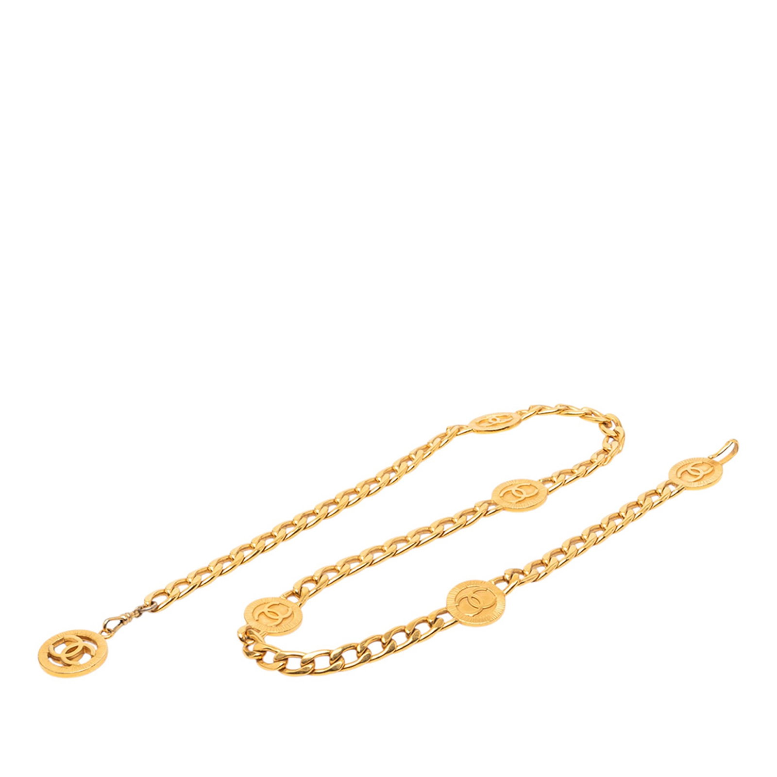 Chanel gold plated chain link belt with CC charms: Chanel gold plated chain link belt with CC charms This Chanel belt features a gold-plated metal body with signature CC round charms and a secure hook closure. Made in France, it showcases a classic ch