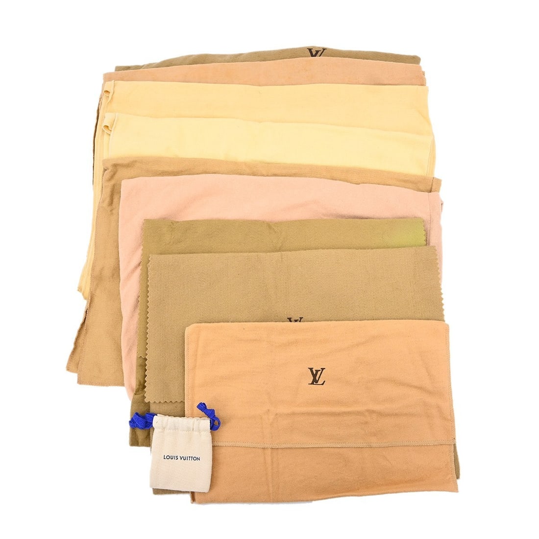 Set of 10 Louis Vuitton cotton dust bags brown beige: Set of 10 Louis Vuitton cotton dust bags brown beige Set of 10 Louis Vuitton dust bags in brown and beige 100% cotton. These unisex dustbags show overall signs of use with reasonable wear and tear. Si