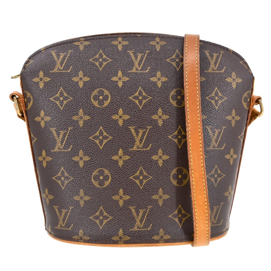 Louis Vuitton Drouot Monogram Canvas Crossbody Bag Brown VI0022: Louis Vuitton Drouot Monogram Canvas Crossbody Bag Brown VI0022 Vintage Louis Vuitton Drouot shoulder bag in brown Monogram canvas with leather trim. This women's crossbody style features a zip closur