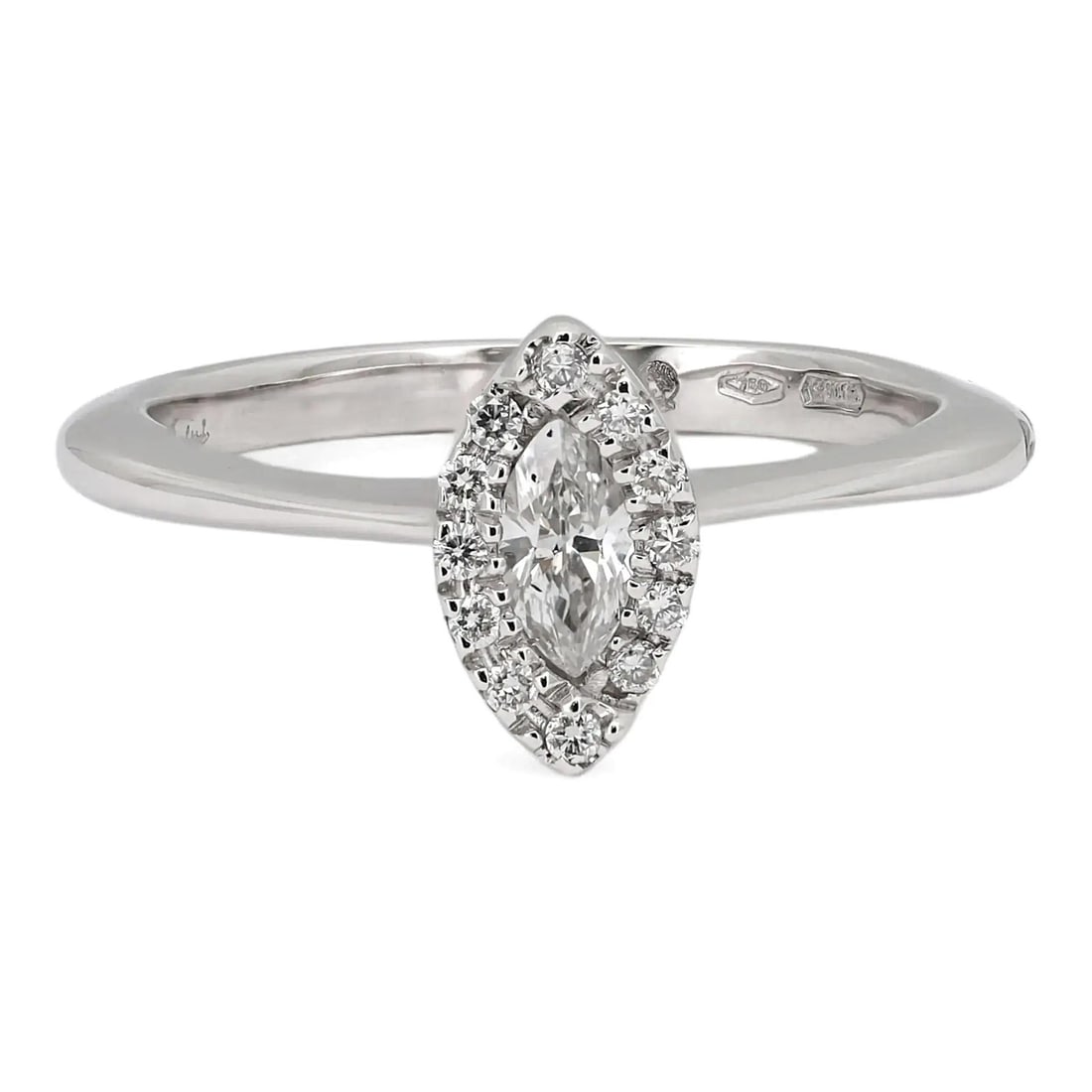 Marquise Diamond Halo Engagement Ring in 18K White Gold by Salvini 0.20ctw: Marquise Diamond Halo Engagement Ring in 18K White Gold by Salvini 0.20ctw This Salvini engagement ring features a marquise-shaped natural diamond at the center, surrounded by a halo of round cut diam