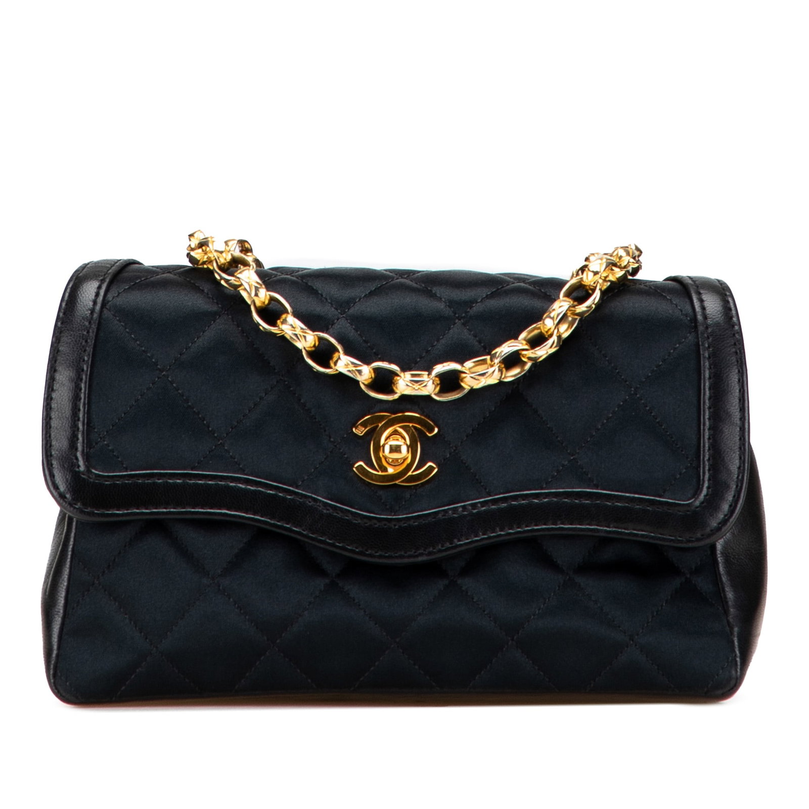 Chanel CC Quilted Black Satin Chain Flap Bag: Chanel CC Quilted Black Satin Chain Flap Bag This elegant Chanel crossbody bag is crafted from luxurious satin in a classic black shade. It features a timeless gold-tone bijoux chain strap and a signa