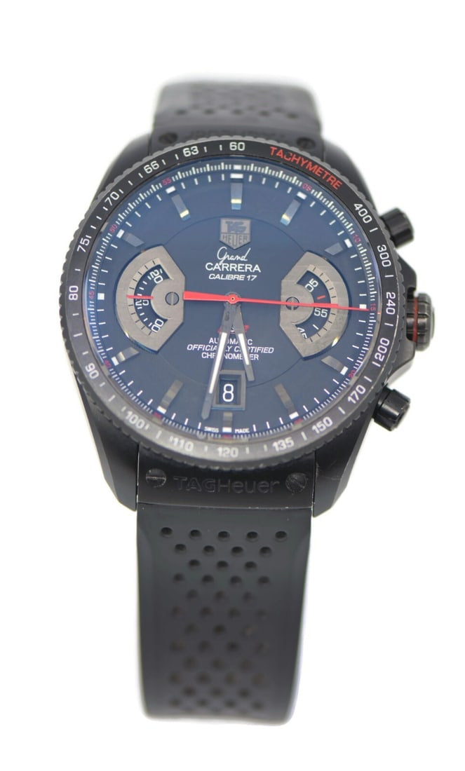 TAG Heuer Grand Carrera CAV518B Black Titanium Automatic Watch: TAG Heuer Grand Carrera CAV518B Black Titanium Automatic Watch Experience the elegance of the TAG Heuer Grand Carrera Cal Black Titanium Watch, model CAV518B. This sophisticated wristwatch features a 