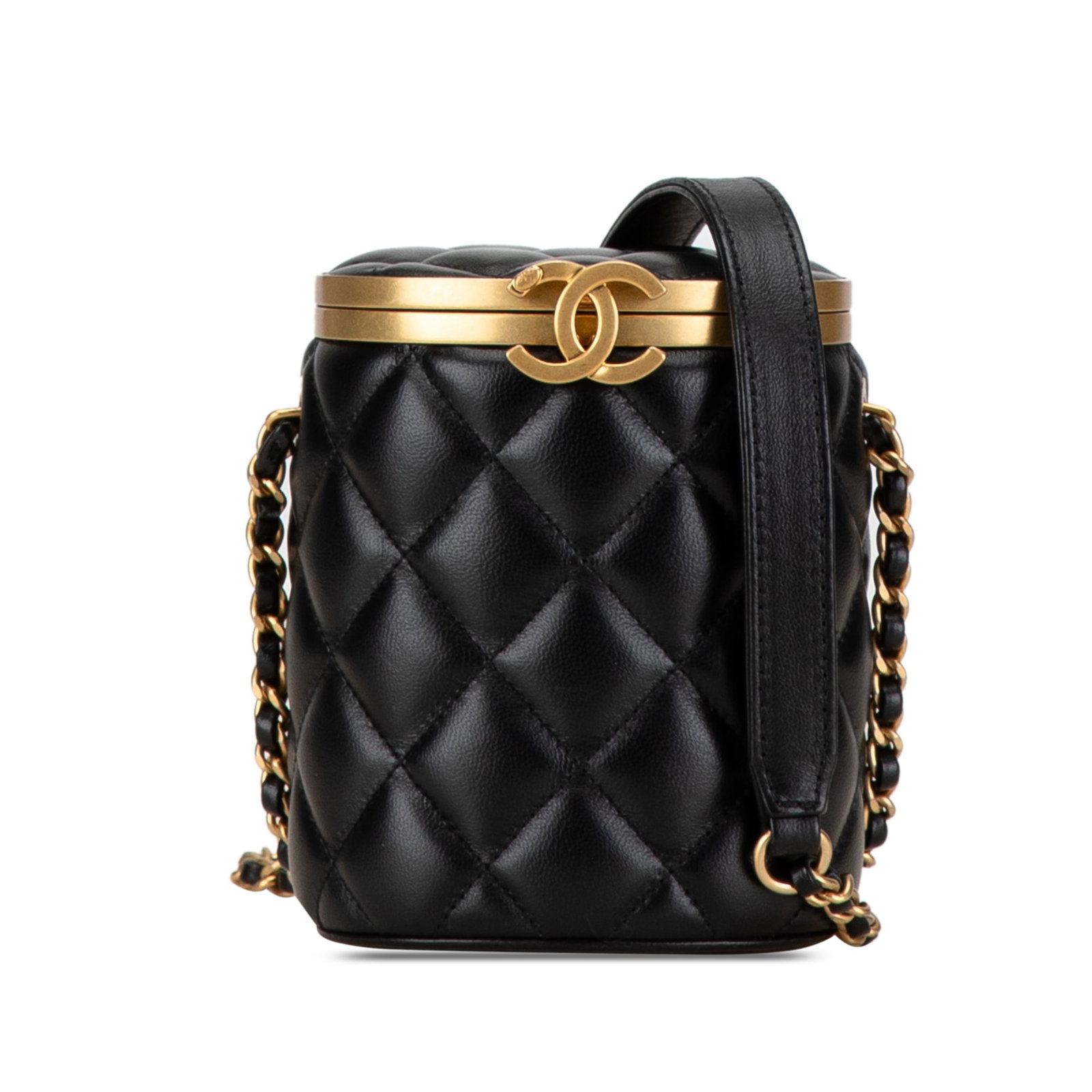 Black Chanel Mini Crown Box Crossbody Bag Quilted Lambskin Leather: Black Chanel Mini Crown Box Crossbody Bag Quilted Lambskin Leather This Chanel Mini Quilted Lambskin Crown Box Bag features a quilted lambskin leather exterior in black, a woven leather chain strap, a