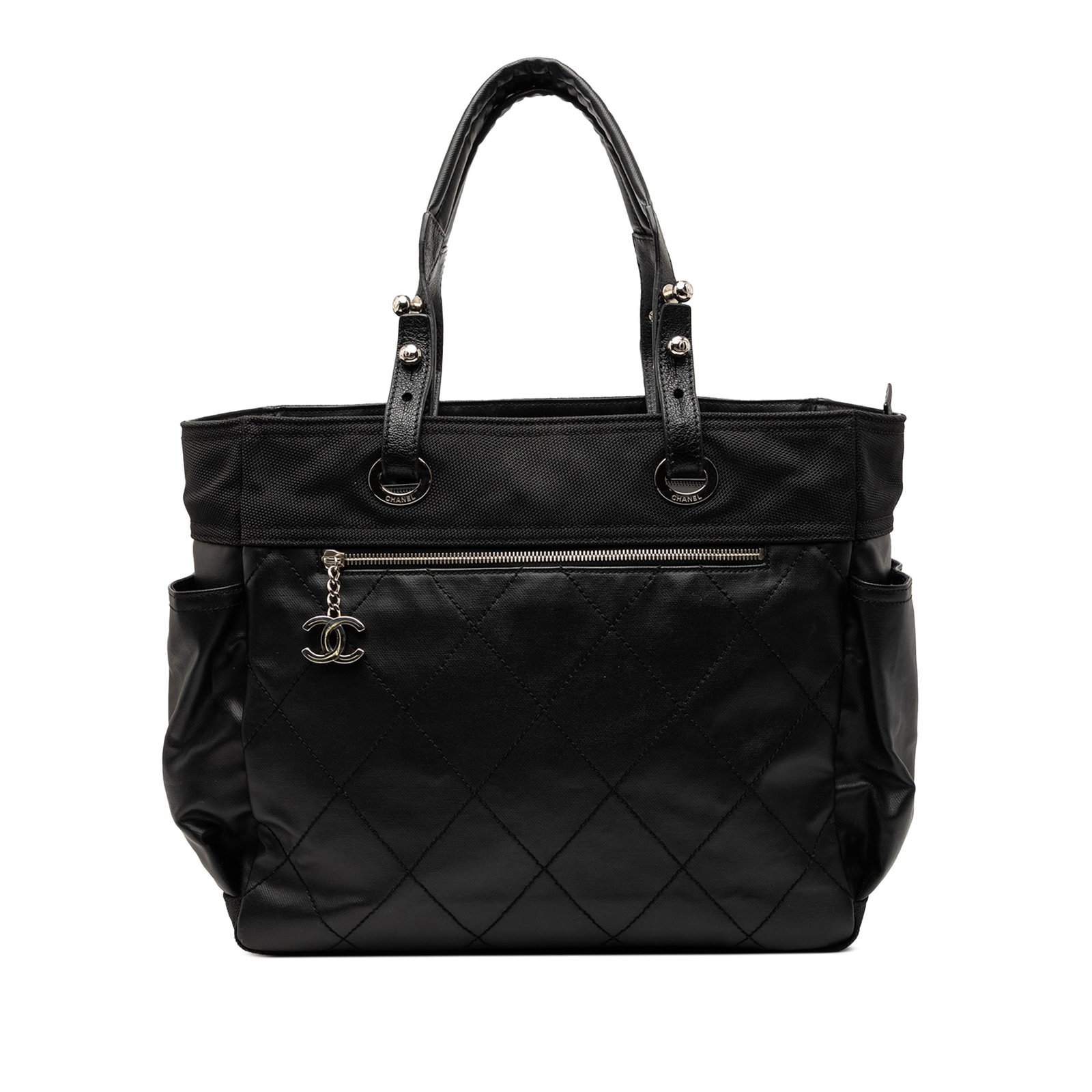 Chanel Paris Biarritz Black Quilted Coated Canvas Large Tote Bag: Chanel Paris Biarritz Black Quilted Coated Canvas Large Tote Bag This Chanel Large Quilted Coated Canvas Paris Biarritz Tote features a coated canvas body with quilted detailing, flat canvas and leath