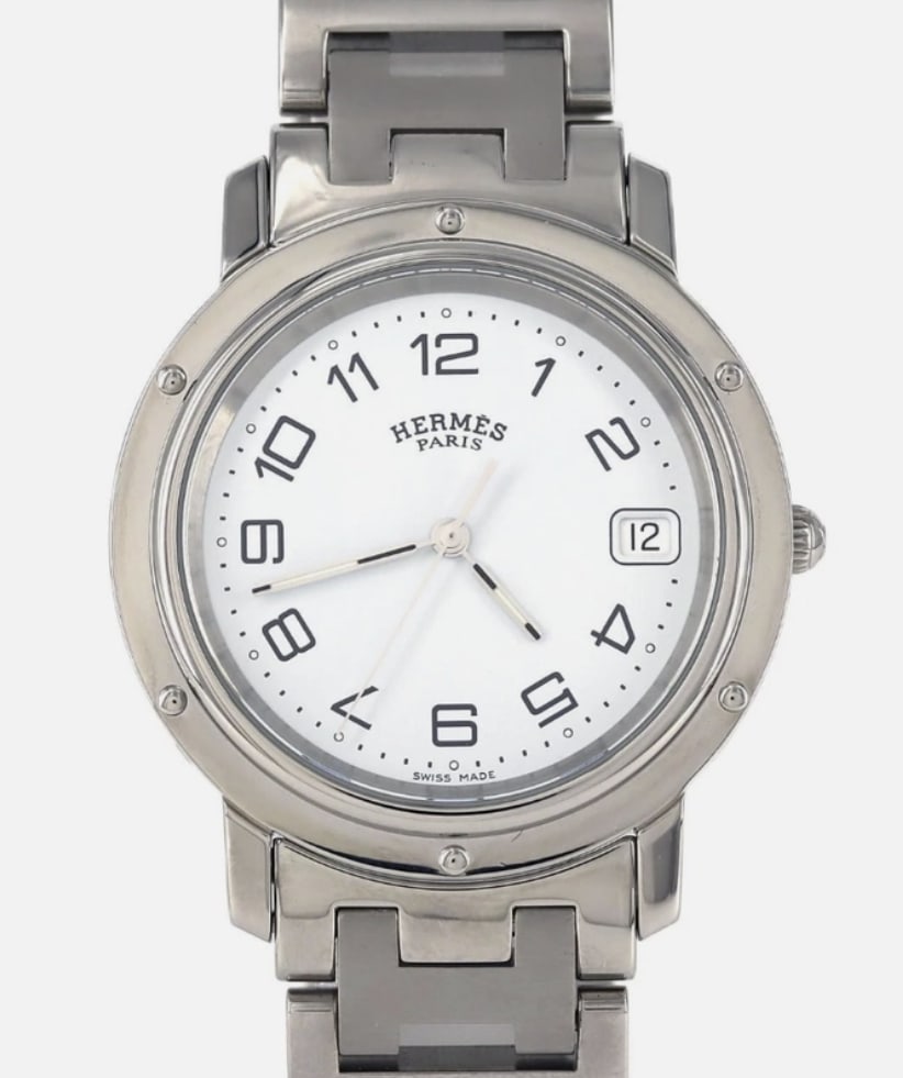 Hermes Clipper Ladies Watch White Dial Steel Bracelet CL4.210: Hermes Clipper Ladies Watch White Dial Steel Bracelet CL4.210 Hermes Clipper ladies watch, reference CL4.210, featuring a white dial and a smooth bezel on a stainless steel bracelet. The original list