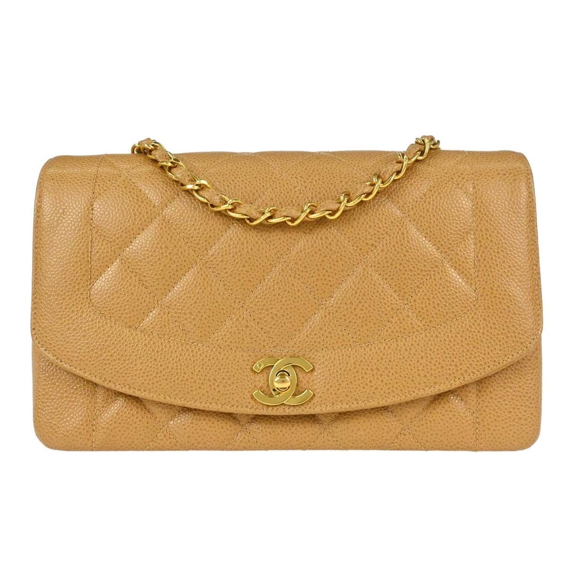 CHANEL Diana Medium Shoulder Bag Beige Caviar Leather: CHANEL Diana Medium Shoulder Bag Beige Caviar Leather Chanel Diana medium shoulder bag in beige caviar skin leather with a quilted exterior, flap turnlock closure, and single chain crossbody strap. Th