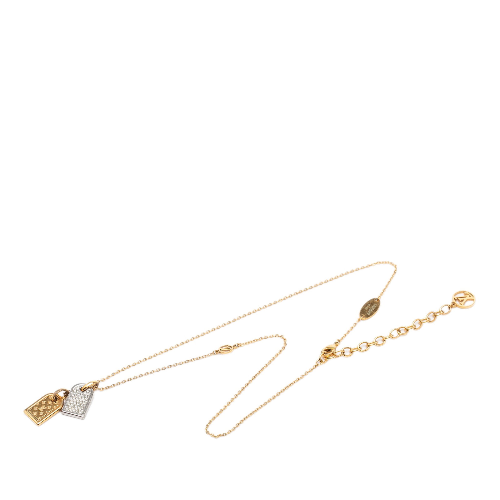 Louis Vuitton Nanogram Pendant Necklace Gold and Silver Tone Metal: Louis Vuitton Nanogram Pendant Necklace Gold and Silver Tone Metal Gold-plated Nanogram pendant necklace with a gold-tone chain, silver-tone and gold-tone plate pendants, and a lobster clasp closure. 