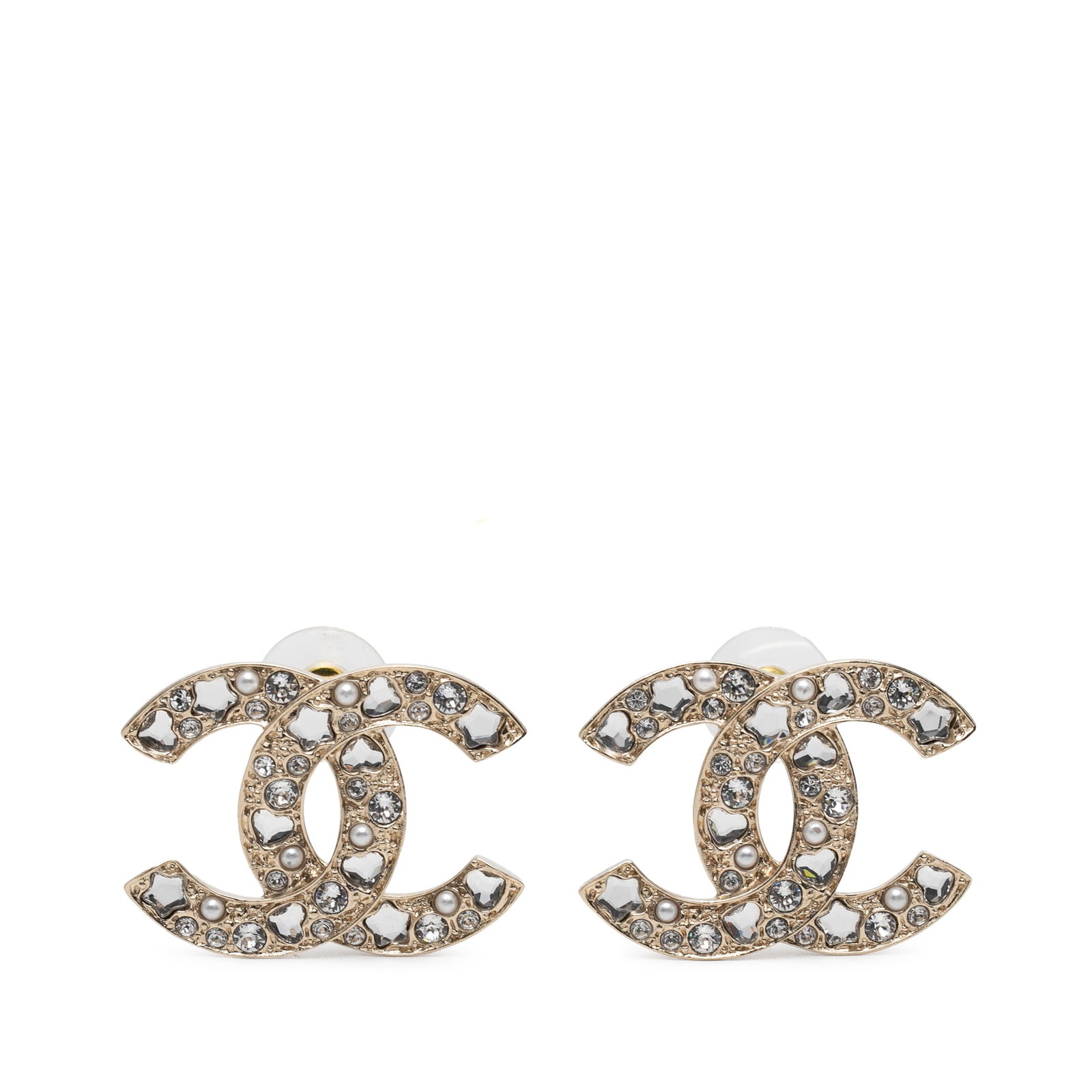 Chanel CC Faux Pearl Strass Gold Tone Push Back Earrings: Chanel CC Faux Pearl Strass Gold Tone Push Back Earrings Chanel CC Gold Plated Strass Faux Pearl Push Back Earrings in costume style, made in Italy. The earrings feature a gold tone metal body with fa