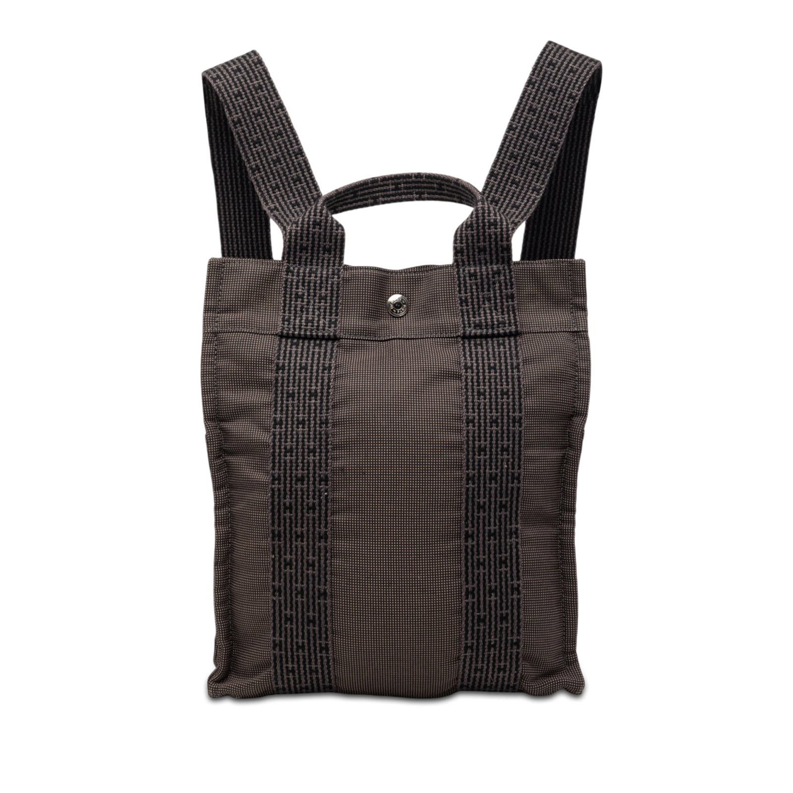 Hermes Gray Herline PM canvas backpack: Hermes Gray Herline PM canvas backpack The Hermes Herline PM Backpack is crafted from durable canvas and features a flat top handle, adjustable back straps, snap button and top zip closures, and an in