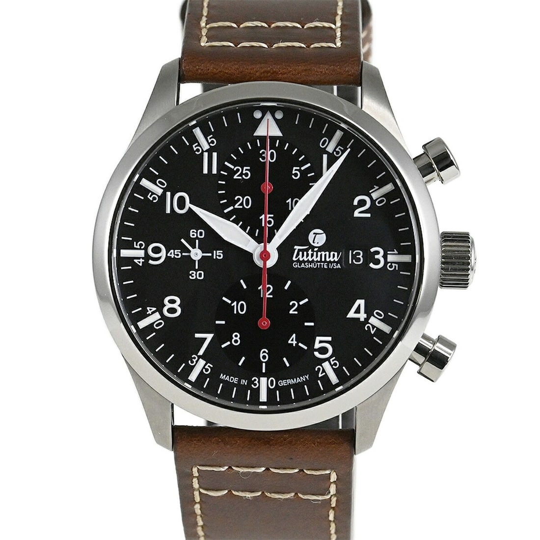Tutima Glashutte 6405-01 Flieger Legacy T5 Titanium Chronograph Watch: Tutima Glashutte 6405-01 Flieger Legacy T5 Titanium Chronograph Watch This Tutima Glashutte Flieger Legacy T5 men's wristwatch is a pre-owned automatic chronograph made in Germany. It features a titan