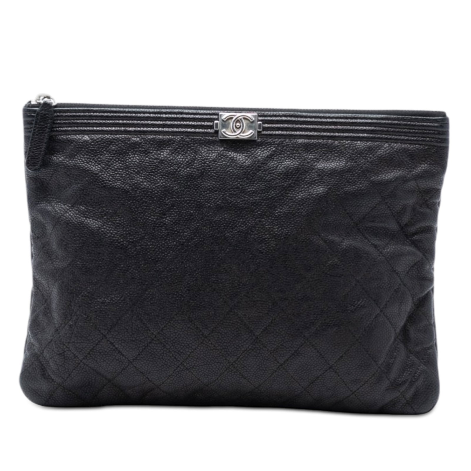 Black Quilted Leather Boy O Case Clutch by Chanel Medium Size: Black Quilted Leather Boy O Case Clutch by Chanel Medium Size This Chanel Medium Quilted Caviar Boy O Case Clutch features a black quilted caviar leather exterior with a top zip closure. The bag shows