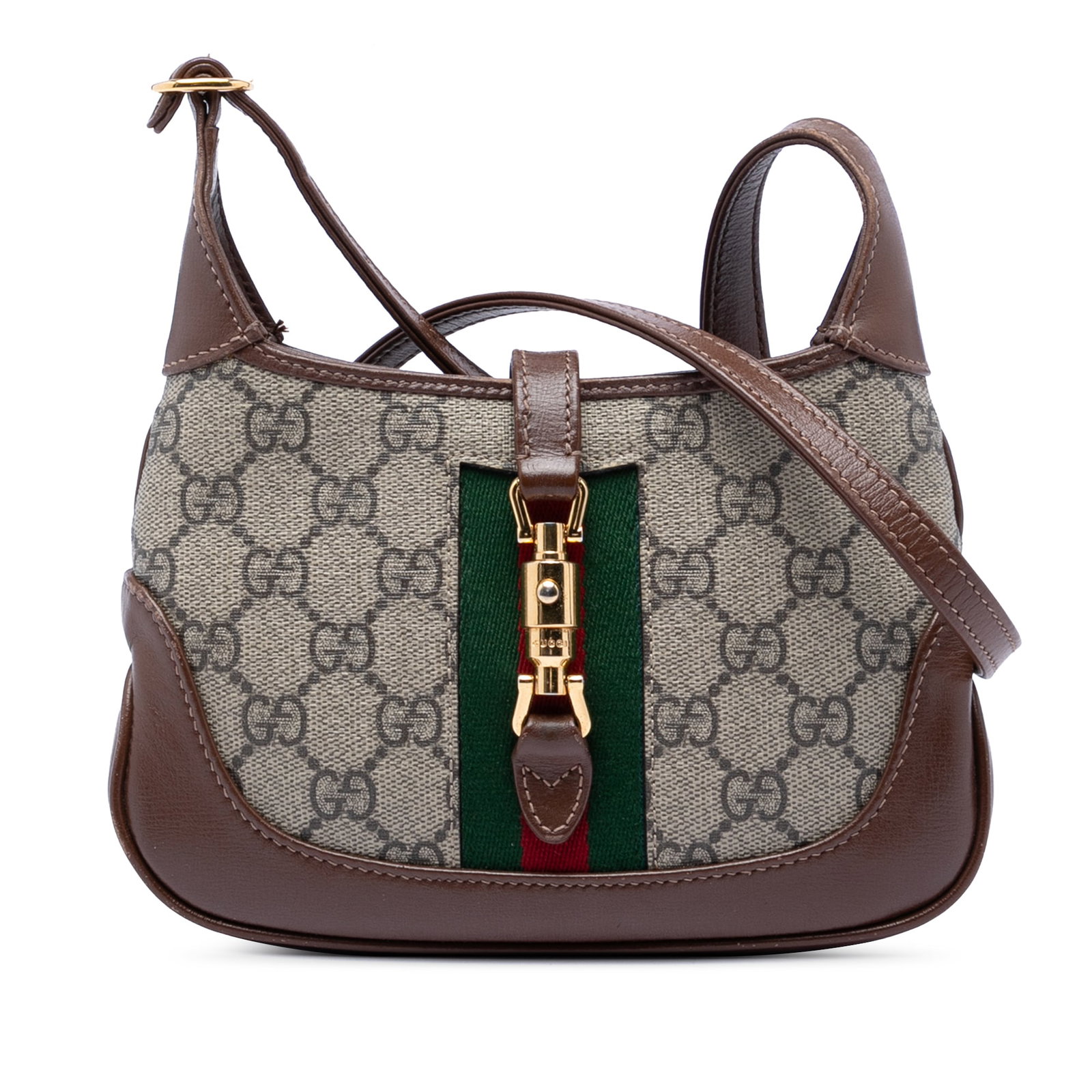 Gucci Jackie 1961 Mini GG Supreme Crossbody Bag: Gucci Jackie 1961 Mini GG Supreme Crossbody Bag This Gucci Mini GG Supreme Web Jackie 1961 Crossbody features a coated canvas body with leather trim and signature web detail. It includes a flat leathe