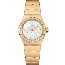 18K Yellow Gold Omega Constellation 27mm Ref 123.55.27.20.05.002 with Card: 18K Yellow Gold Omega Constellation 27mm Ref 123.55.27.20.05.002 with Card This Omega Constellation wristwatch features a mother-of-pearl dial and is crafted from 18K yellow gold. The watch measures 2