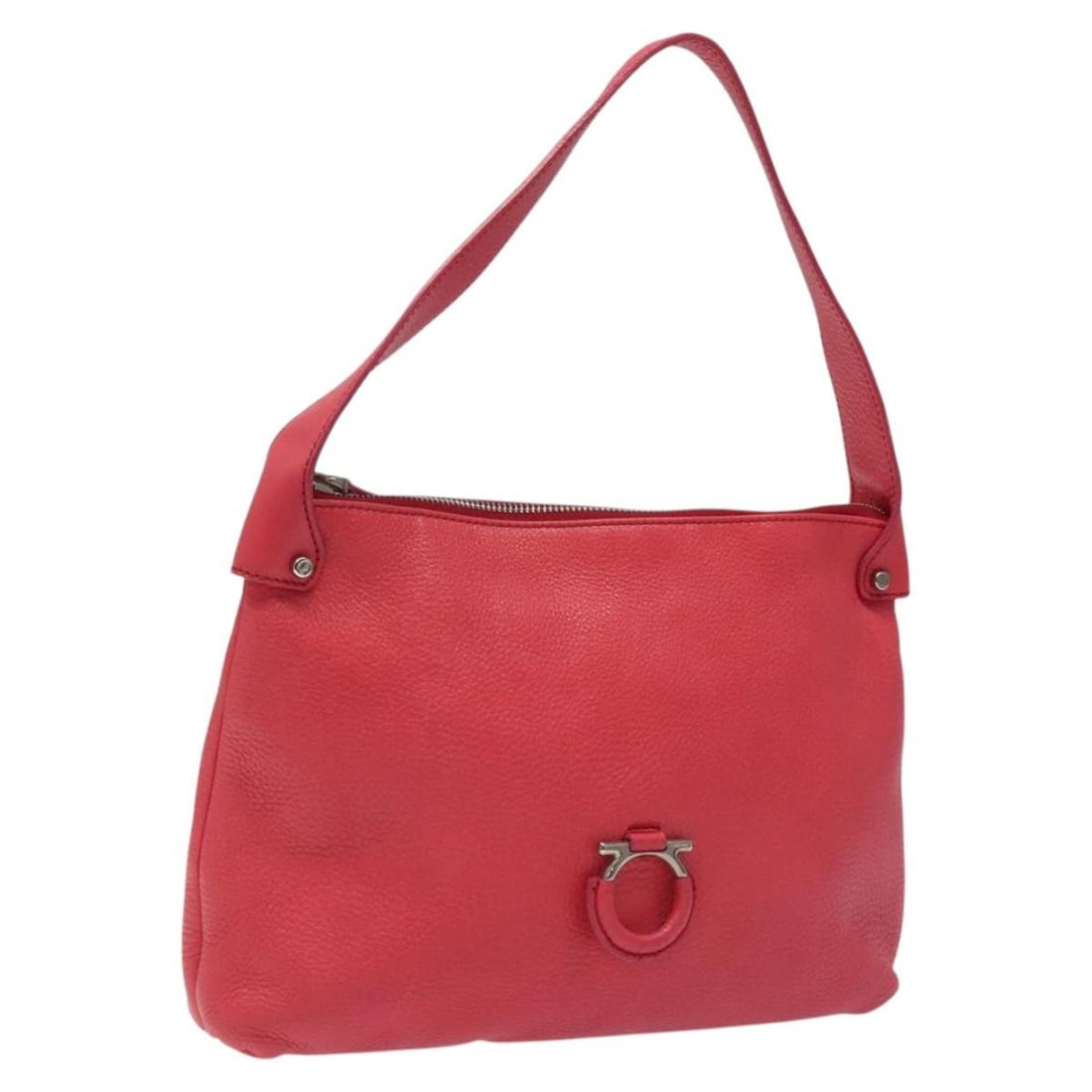 Ferragamo Pink Gancini Leather Shoulder Bag with Silver Accents: Ferragamo Pink Gancini Leather Shoulder Bag with Silver Accents This Salvatore Ferragamo Gancini shoulder bag features a pink and silver leather exterior with silver-tone hardware. Designed for women,