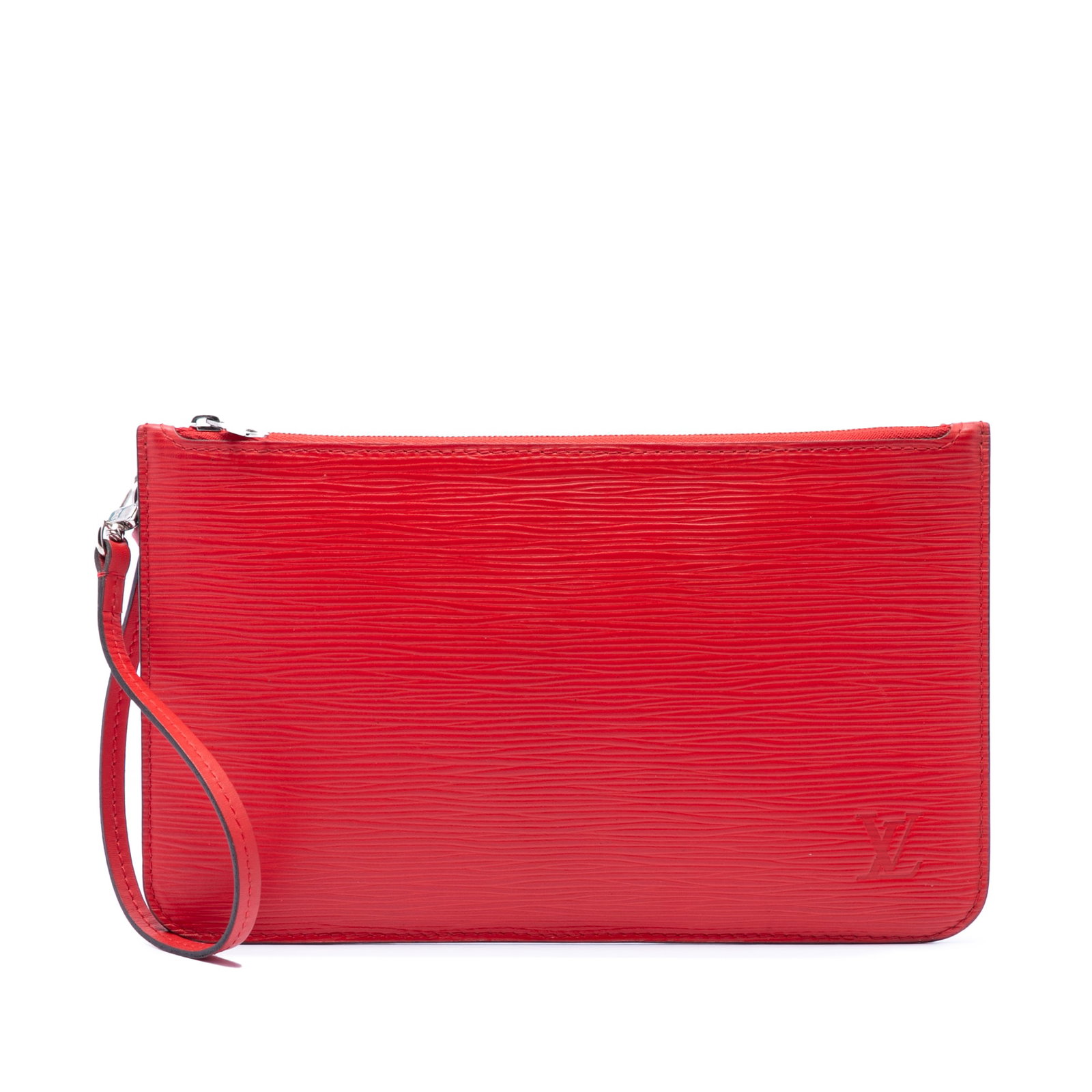 Louis Vuitton Epi Neverfull Wristlet Pouch Red Leather: Louis Vuitton Epi Neverfull Wristlet Pouch Red Leather Louis Vuitton Epi Neverfull Pouch in red leather, made in Spain. It features a detachable flat leather wrist strap, top zip closure, and an inter