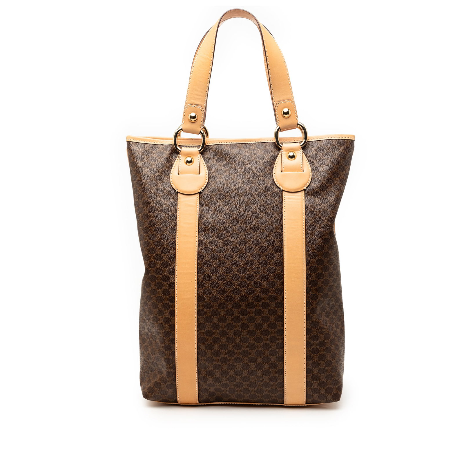 Celine Macadam brown coated canvas tote: Celine Macadam brown coated canvas tote This Celine Macadam Coated Canvas Vertical Tote features a durable coated canvas body with leather trim and flat leather straps. The bag has an open top with a 