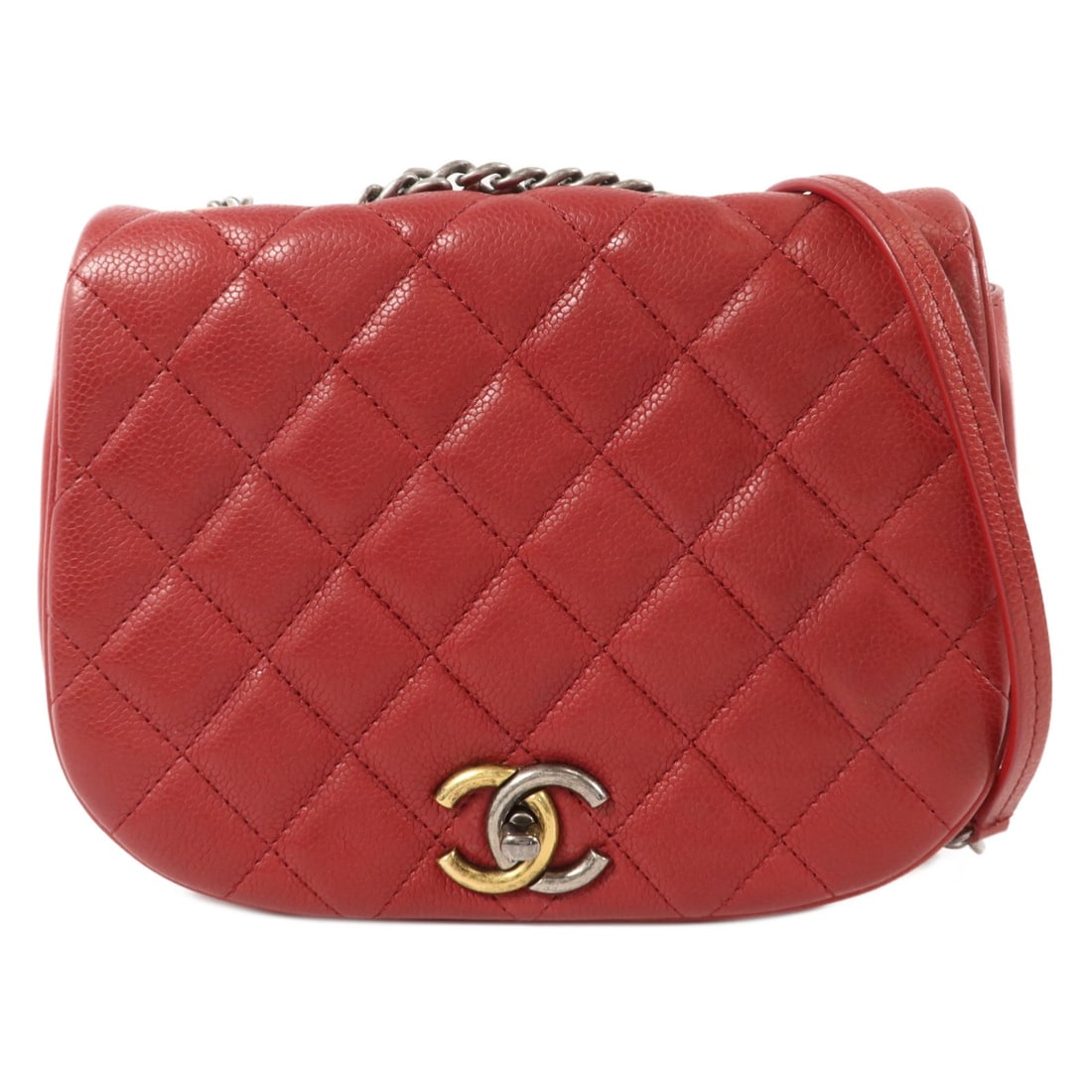 Chanel CC Red Calfskin Chain Shoulder Bag: Chanel CC Red Calfskin Chain Shoulder Bag A CHANEL CC Chain Shoulder Bag in red calfskin leather. The bag features a chain shoulder strap, turn lock closure, one exterior magnetic pocket, and one inte