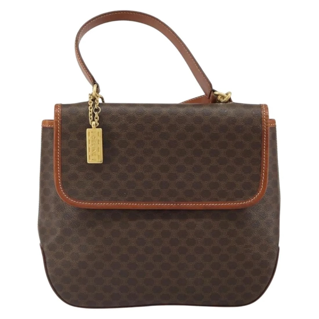 Celine Vintage Macadam Brown Canvas Handbag with Leather Trim: Celine Vintage Macadam Brown Canvas Handbag with Leather Trim Celine Vintage Macadam canvas bag in brown, made in Italy. This female-style piece is presented in good vintage condition with honest wear