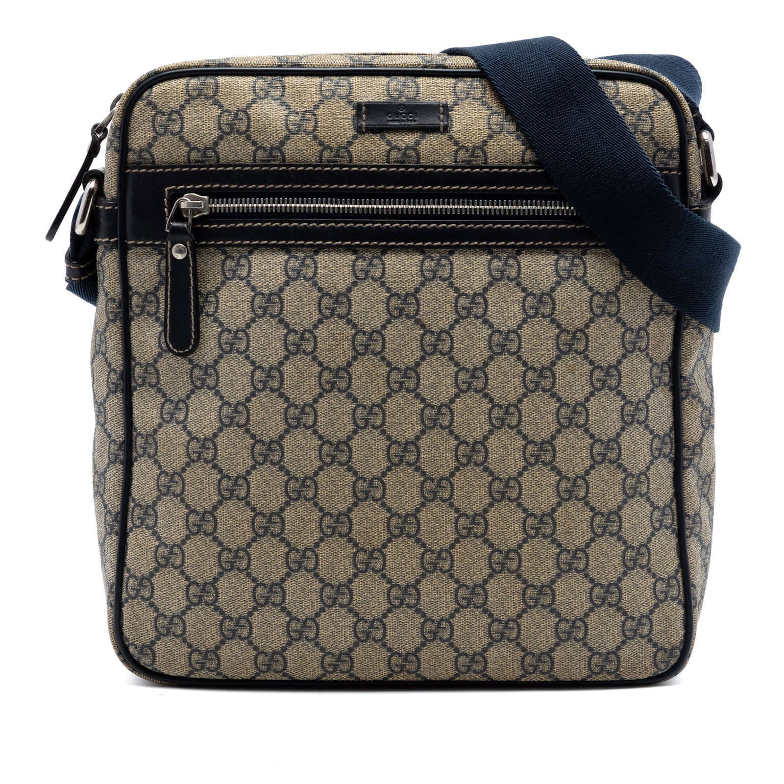 Gucci GG Supreme Beige Coated Canvas Crossbody Bag: Gucci GG Supreme Beige Coated Canvas Crossbody Bag This Gucci GG Supreme Crossbody bag is made with a coated canvas body and leather trim. It features an adjustable flat strap, top zip closure, exteri