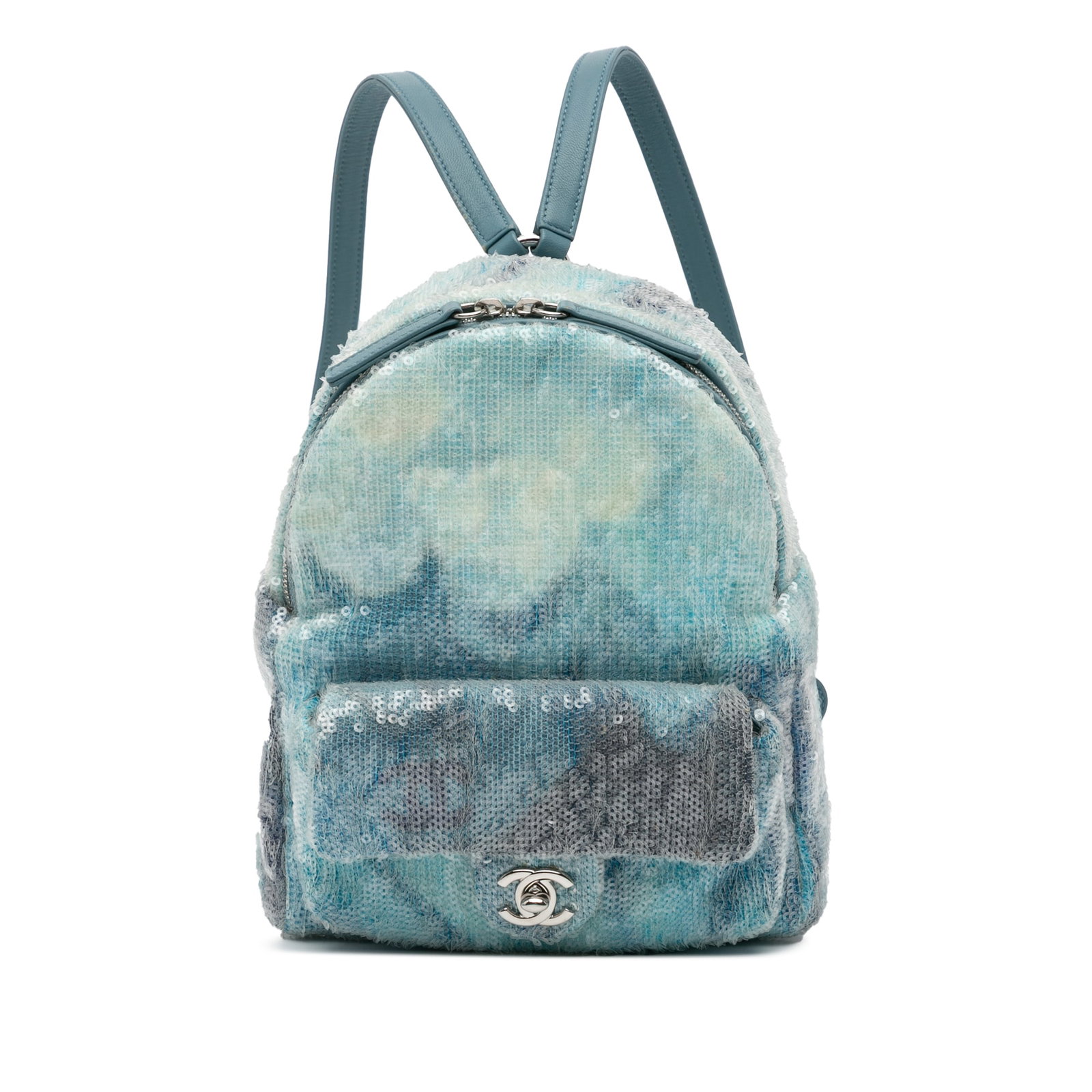 Chanel Mini Sequins Lambskin Waterfall Backpack Blue Fabric: Chanel Mini Sequins Lambskin Waterfall Backpack Blue Fabric This stunning Chanel Mini Sequins and Lambskin Waterfall Backpack combines style and functionality with its unique mesh body adorned with se
