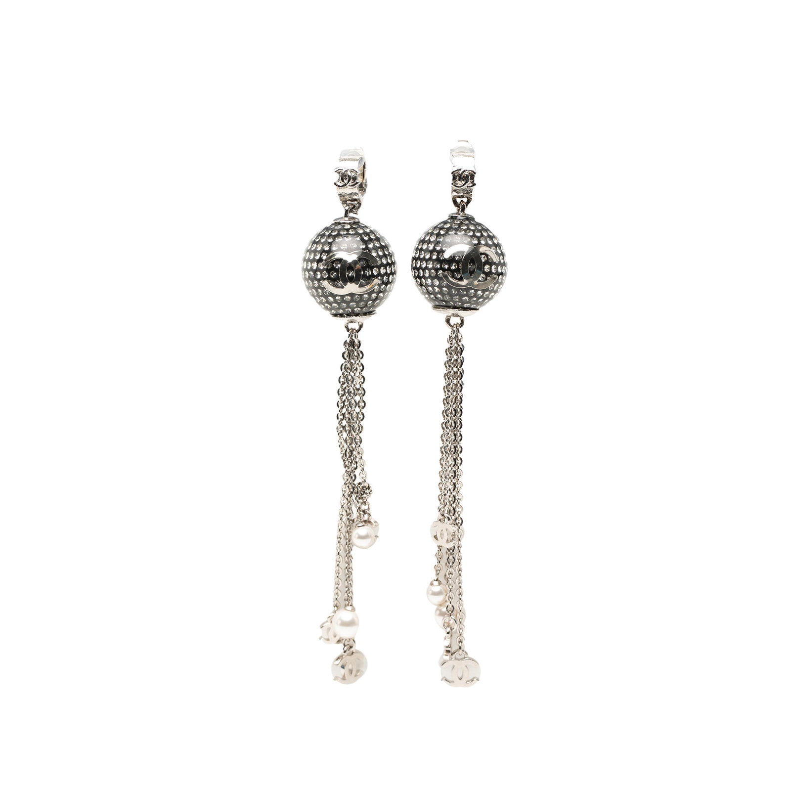 Chanel CC disco ball drop clip on earrings brass resin faux pearl: Chanel CC disco ball drop clip on earrings brass resin faux pearl These Chanel CC drop earrings showcase a silver-tone metal body adorned with rhinestones, resin accents, and faux pearls. Designed wit