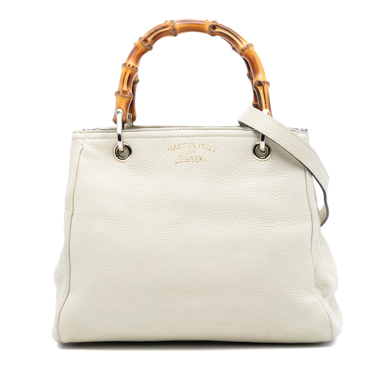 Gucci Bamboo Shopper Small White Calfskin Leather Satchel with Shoulder Strap: Gucci Bamboo Shopper Small White Calfskin Leather Satchel with Shoulder Strap This Gucci Small Calfskin Bamboo Shopper Satchel features a white leather body with bamboo top handles and a detachable, a