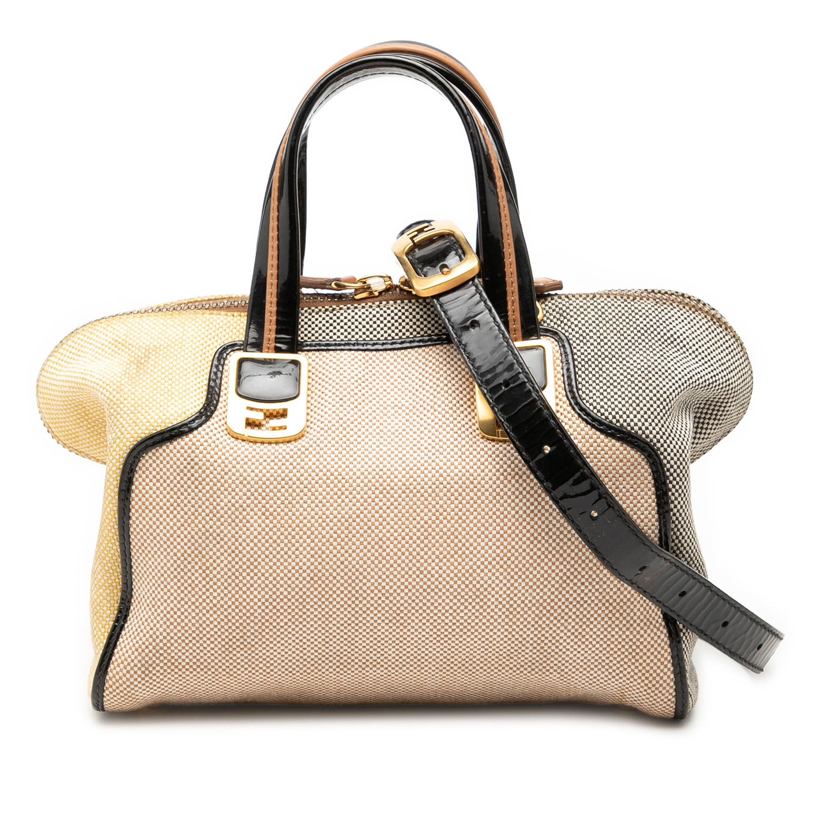 Fendi Chameleon Mini Satchel in Tricolor Canvas with Patent Trim: Fendi Chameleon Mini Satchel in Tricolor Canvas with Patent Trim Fendi Mini Canvas Colorblock Chameleon Satchel crafted with a tricolor canvas body and patent leather trim. This satchel features flat 