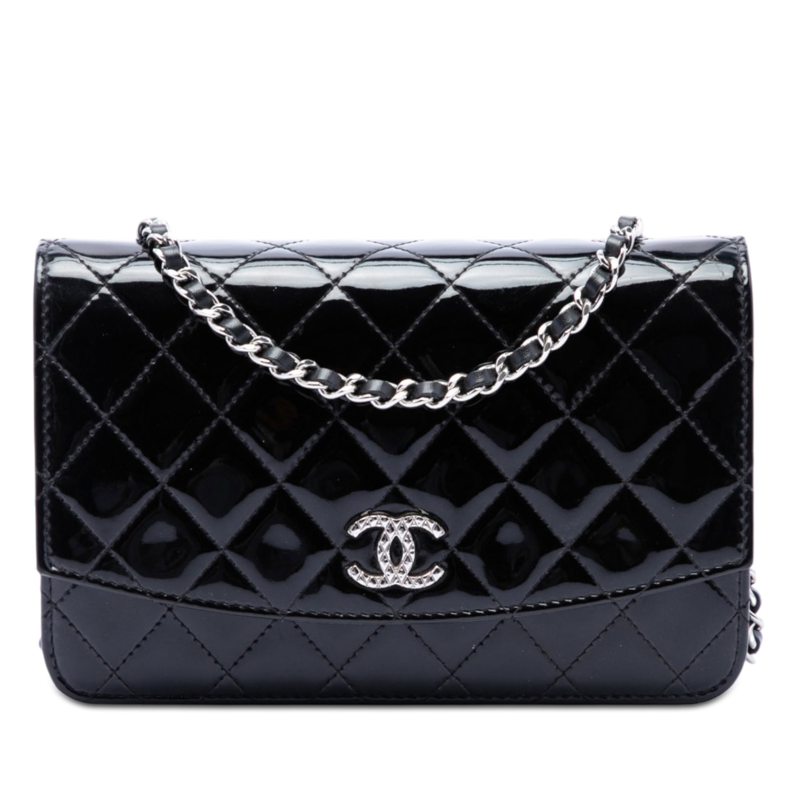 Chanel Brilliant Wallet On Chain Black Quilted Patent Leather Bag: Chanel Brilliant Wallet On Chain Black Quilted Patent Leather Bag Chanel CC Quilted Patent Brilliant Wallet on Chain in black, made in Italy. It features a quilted patent leather body, a leather-woven