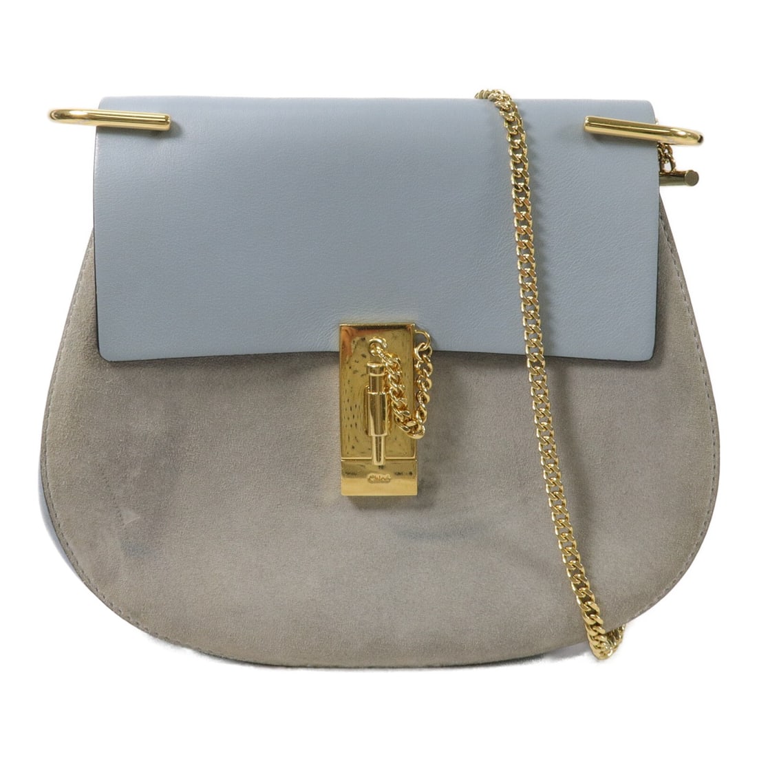 Chloe Drew Blue Calfskin Suede Shoulder Bag with Chain Strap: Chloe Drew Blue Calfskin Suede Shoulder Bag with Chain Strap This Chloe shoulder bag is crafted from calfskin leather and suede in blue. It features a chain shoulder strap, an inside open pocket, and 