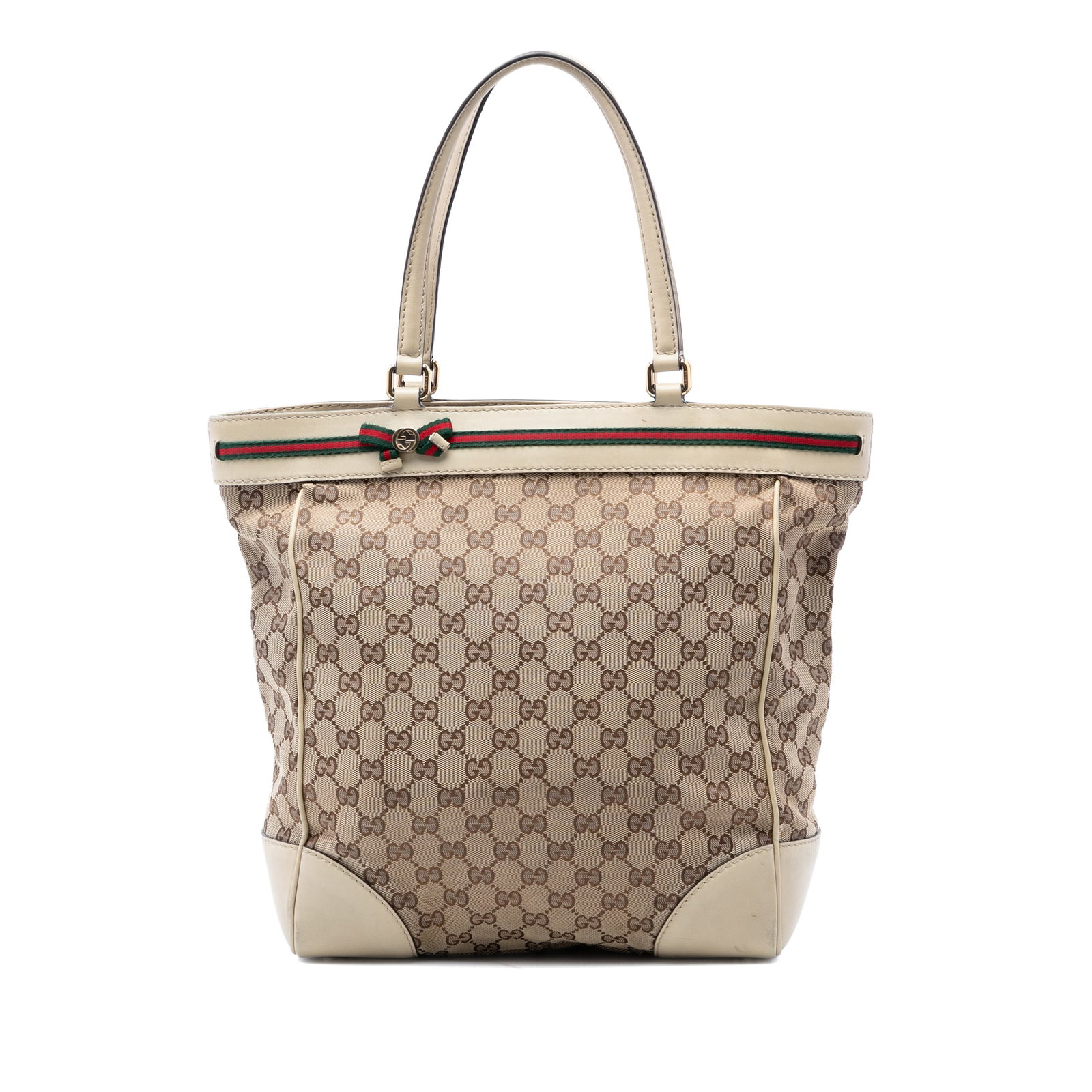 Gucci Mayfair GG Canvas Tote Bag: Gucci Mayfair GG Canvas Tote Bag This Gucci GG Canvas Web Mayfair Tote features a beige canvas body with leather trim and flat leather straps. The top panel is accented with web and ribbon detailing, 