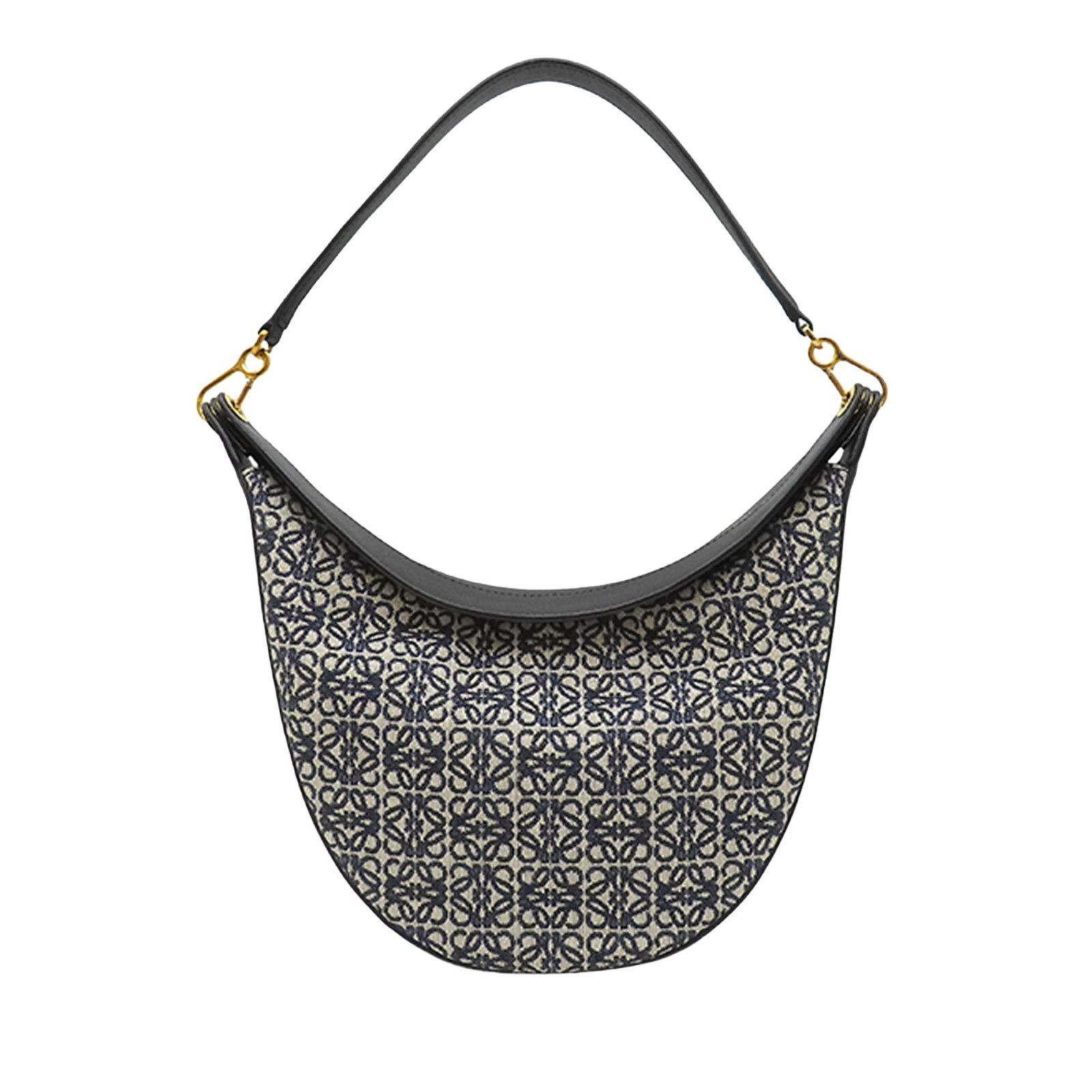 LOEWE Luna Hobo Bag in Blue Anagram Canvas: LOEWE Luna Hobo Bag in Blue Anagram Canvas LOEWE Luna Hobo bag from the Anagram Canvas line, made with a canvas body and leather trim. It features a detachable flat leather strap, an open top with sna