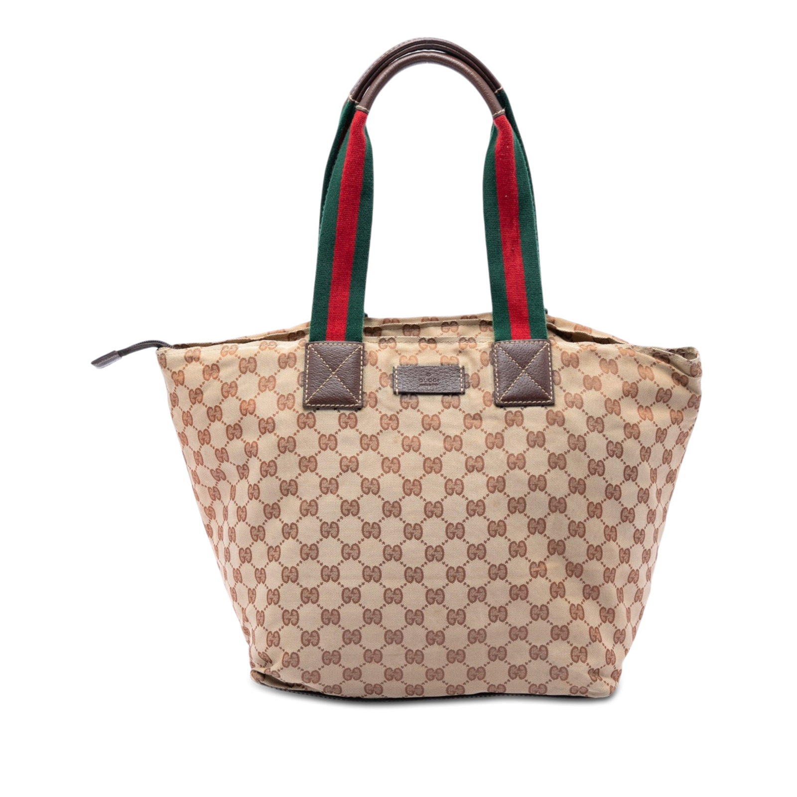 Gucci GG Canvas Tote Bag with Web Straps Beige: Gucci GG Canvas Tote Bag with Web Straps Beige Gucci GG Canvas Web Tote in beige with a canvas body, leather trim, flat web straps, a top zip closure, and an interior zip pocket. Made in Italy and fin