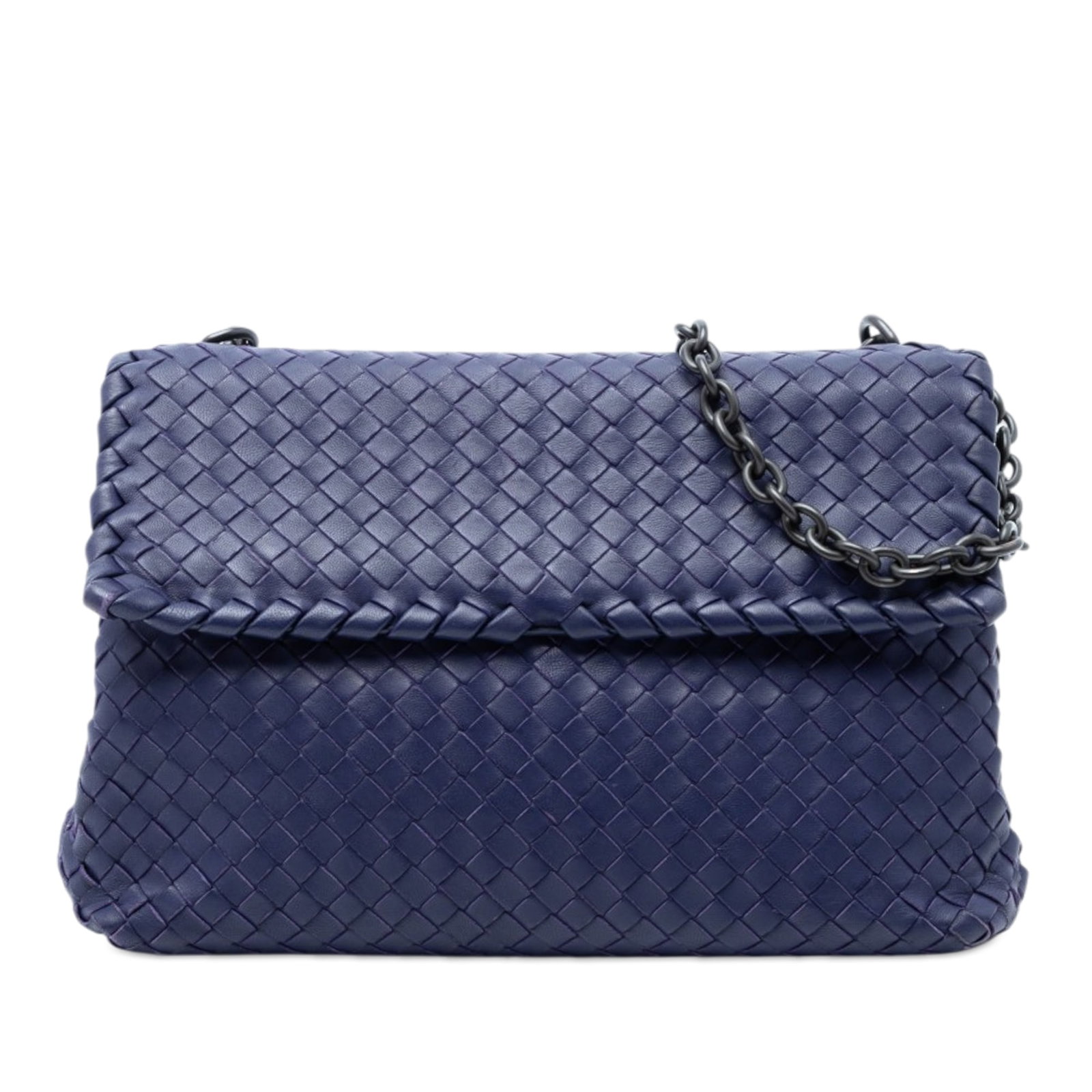 Blue Leather Shoulder Bag Bottega Veneta Olimpia Intrecciato Medium: Blue Leather Shoulder Bag Bottega Veneta Olimpia Intrecciato Medium Bottega Veneta Medium Nappa Intrecciato Olimpia shoulder bag in blue woven leather. This shoulder bag features chain link straps wit