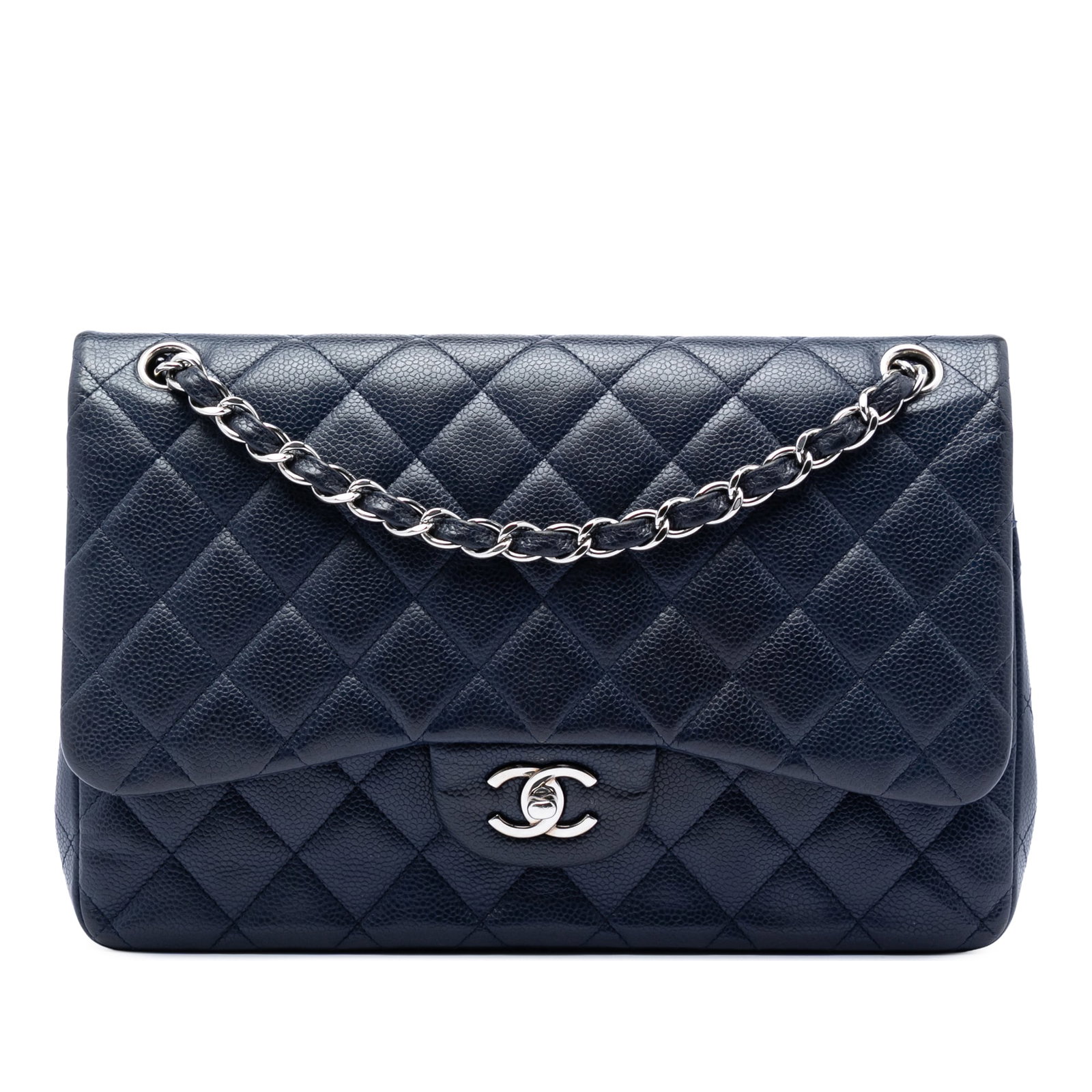 Chanel Jumbo Classic Double Flap Shoulder Bag Blue Caviar Leather: Chanel Jumbo Classic Double Flap Shoulder Bag Blue Caviar Leather Chanel Jumbo Classic Caviar Double Flap shoulder bag in blue quilted caviar leather. This bag features leather-woven chain link straps