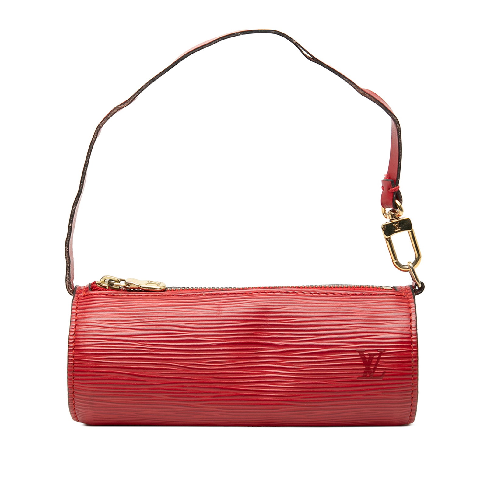 Louis Vuitton Epi red leather zip pouch with strap: Louis Vuitton Epi red leather zip pouch with strap This Louis Vuitton Epi Pochette Papillon features a red epi leather body with a detachable leather strap and a top zip closure. The bag shows signs o