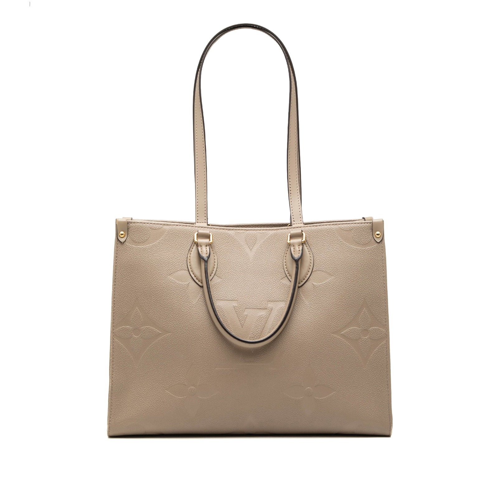 Louis Vuitton OnTheGo MM Empreinte Leather Tote Beige: Louis Vuitton OnTheGo MM Empreinte Leather Tote Beige This Louis Vuitton Monogram Empreinte OnTheGo MM bag features a monogram-embossed leather body in beige, rolled handles, flat shoulder straps, an 
